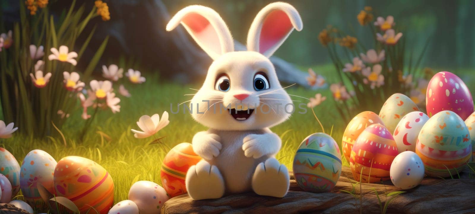 Happy Easter colorful banner with cute cartoon bunny rabbit and a lots of eggs by andreyz