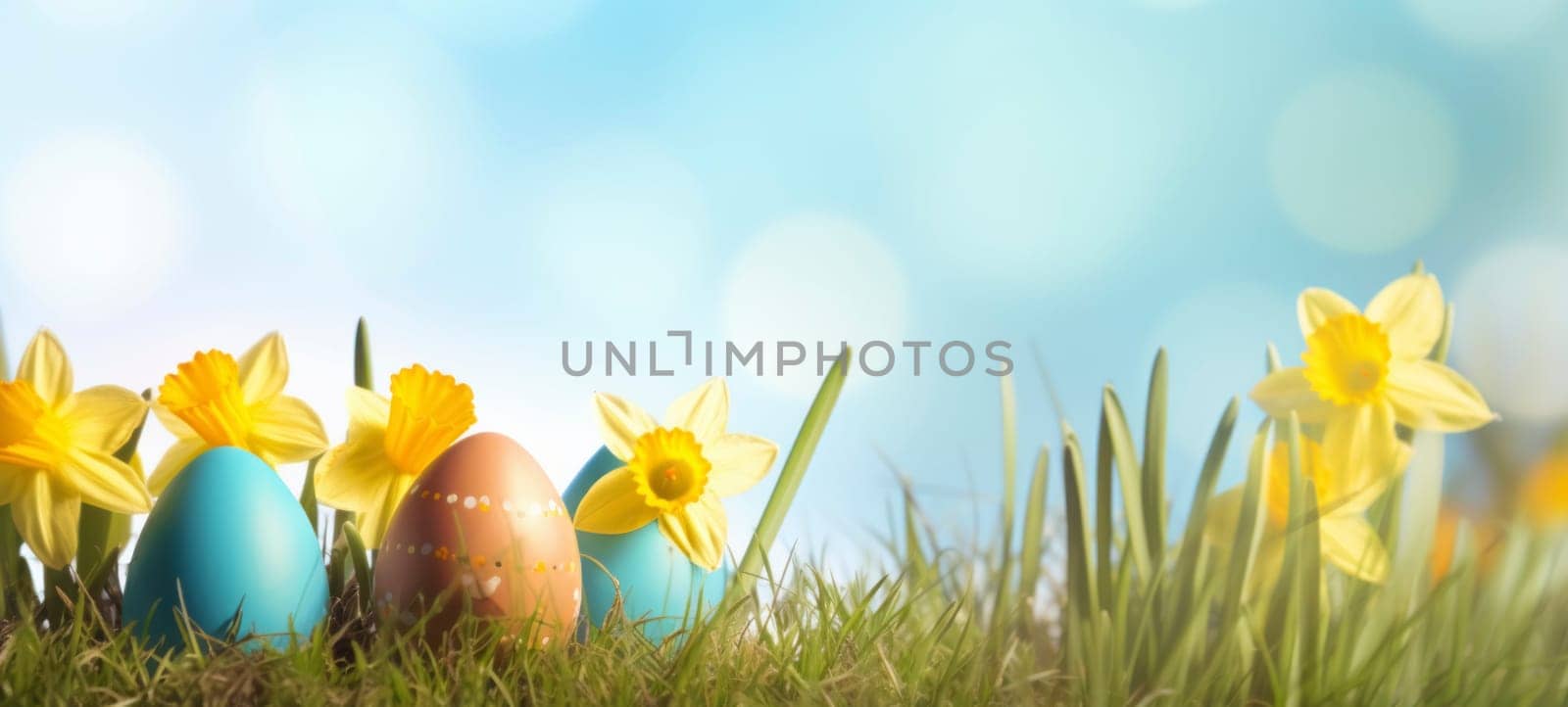 Happy Easter. Easter eggs on green grass with yellow daffodils on a sunny spring day. Easter banner with copy space