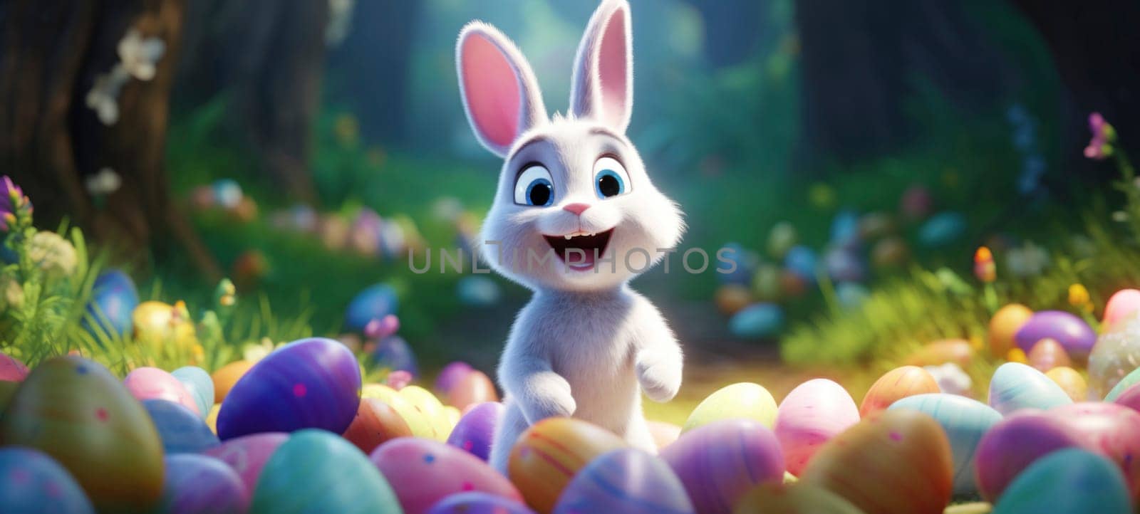 Happy Easter colorful banner with cute cartoon bunny rabbit and a lots of eggs. Easter festival background with bunny and eggs. Egg hunt contest