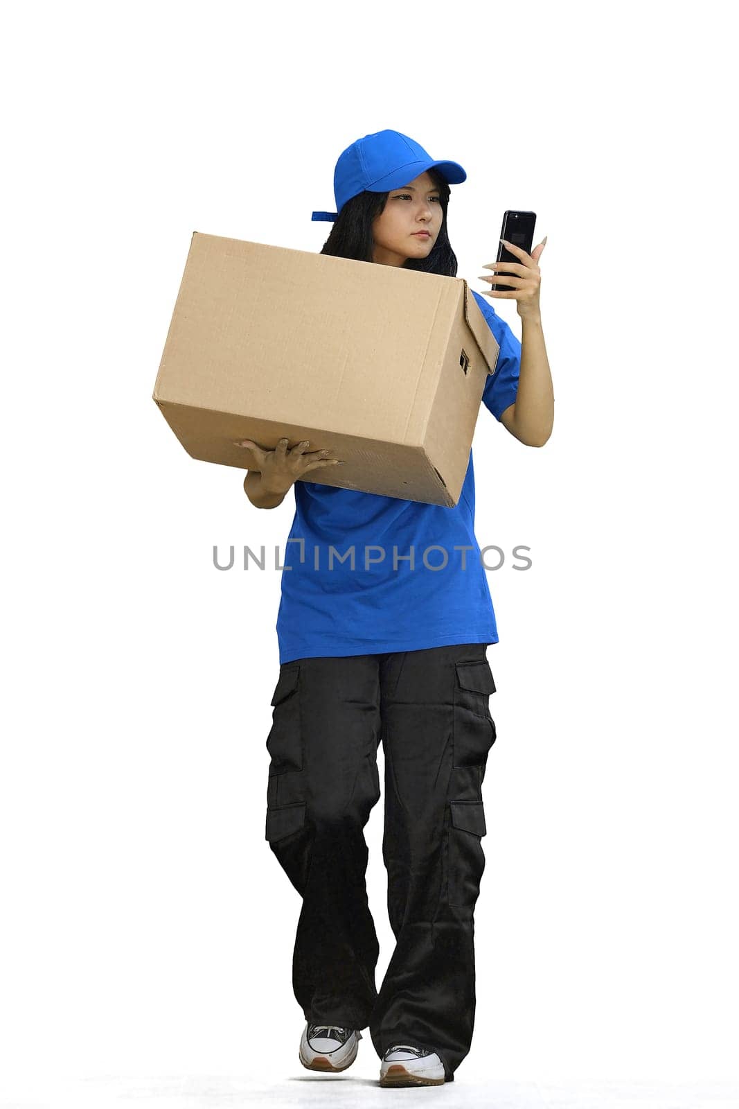 Delivery girl, on a white background, full-length, with a box and a phone by Prosto