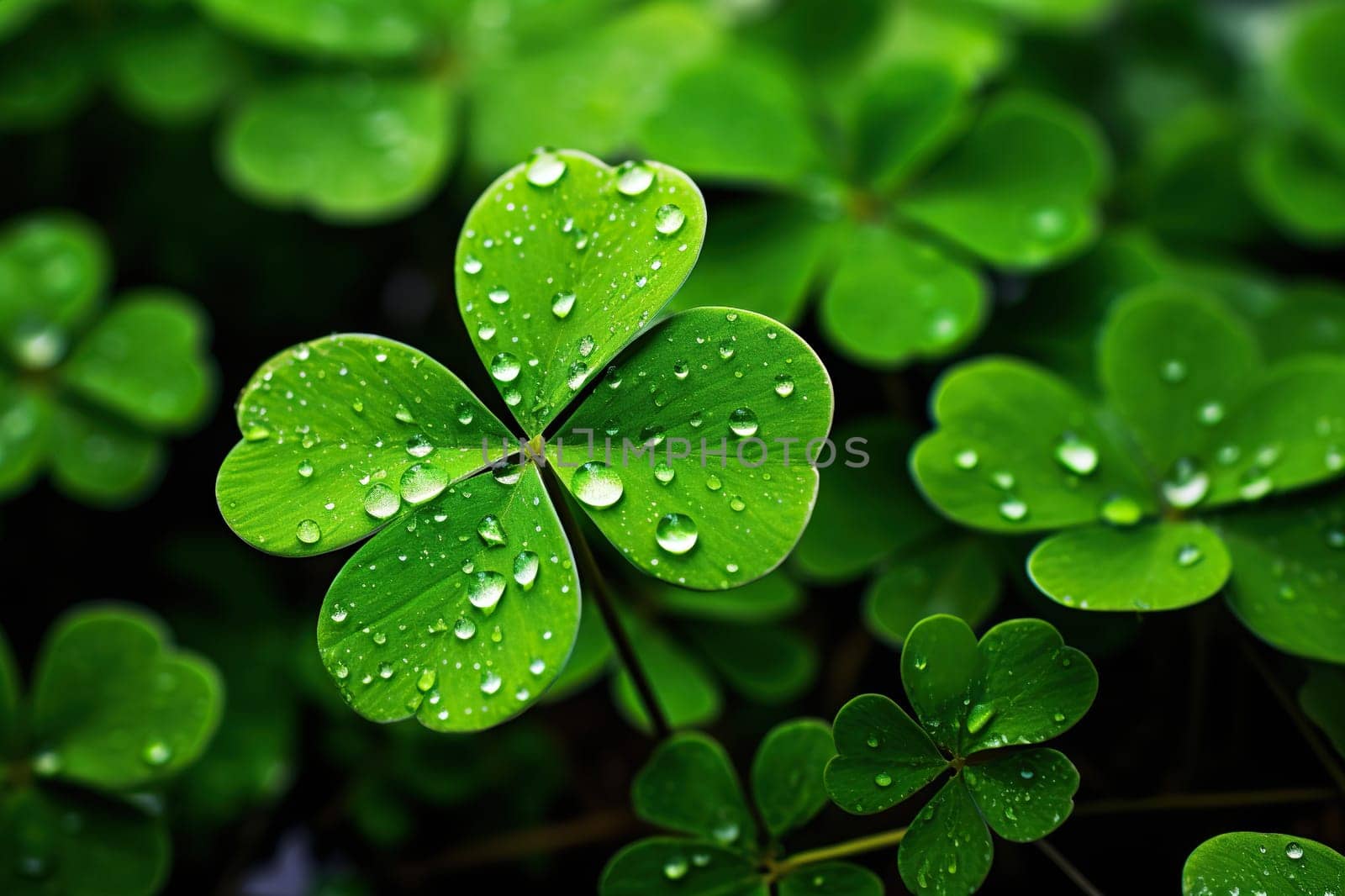 Four leaf clover with water drops. Green natural background. Generated by artificial intelligence by Vovmar