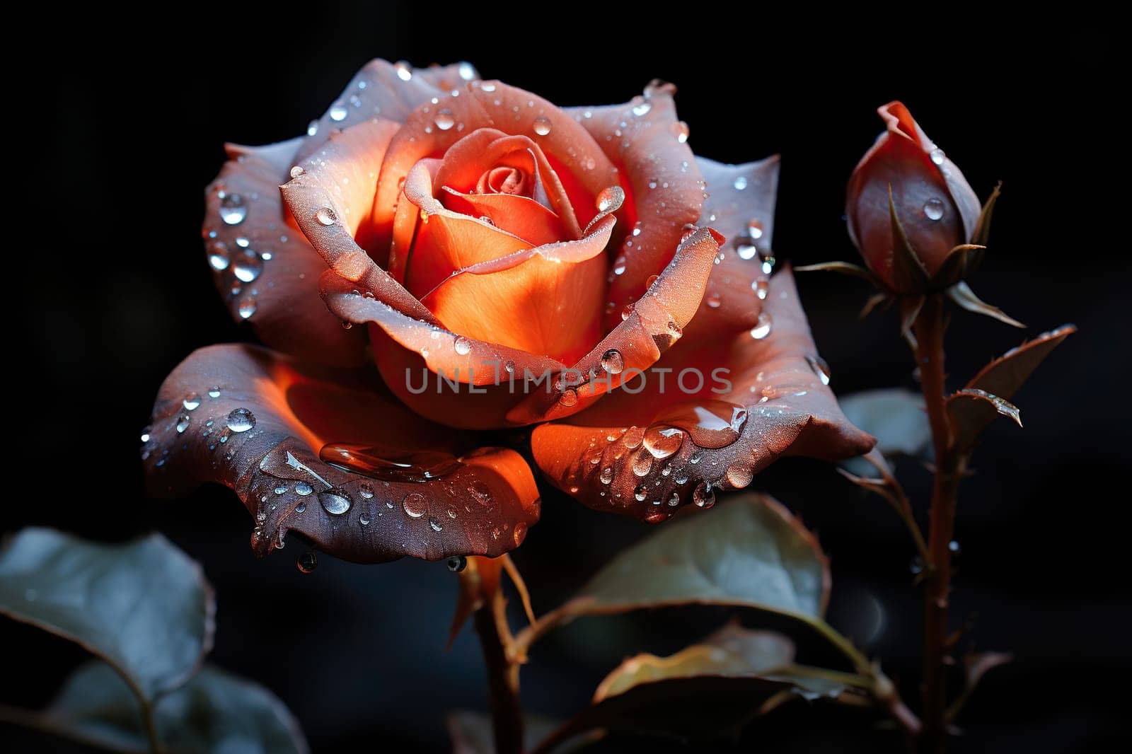 A beautiful rose with large drops of water on the petals in dramatic lighting.