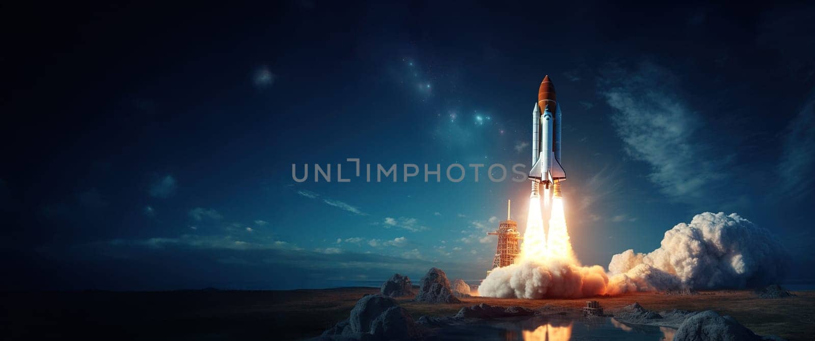 launching a rocket from a cosmodrome, traveling into space, innovative ideas for exploring new galaxies, artificial intelligence in search of aliens, copy space, High quality photo