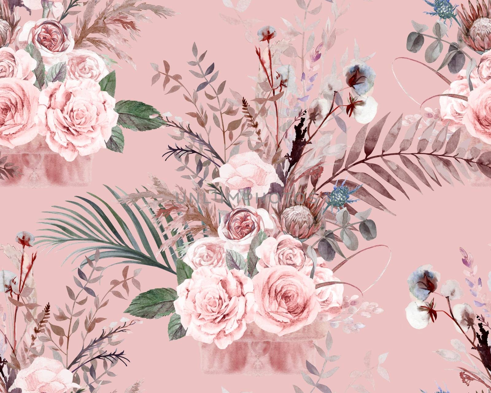 Seamless botanical pattern with watercolor flowers of roses and palm leaves by MarinaVoyush