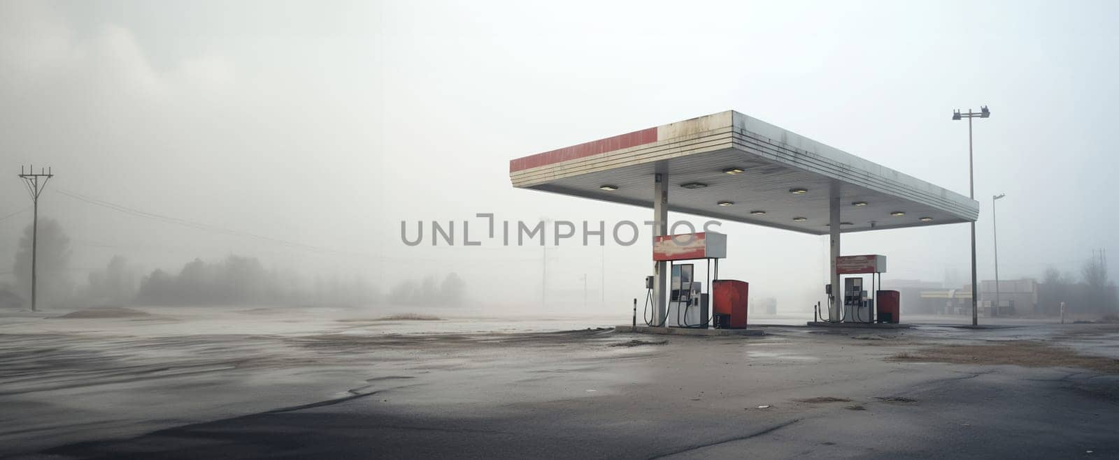 post apocalyptic cityscape, abandoned gas station on a foggy, gray morning, absence of people and cars, energy crisis, High quality photo