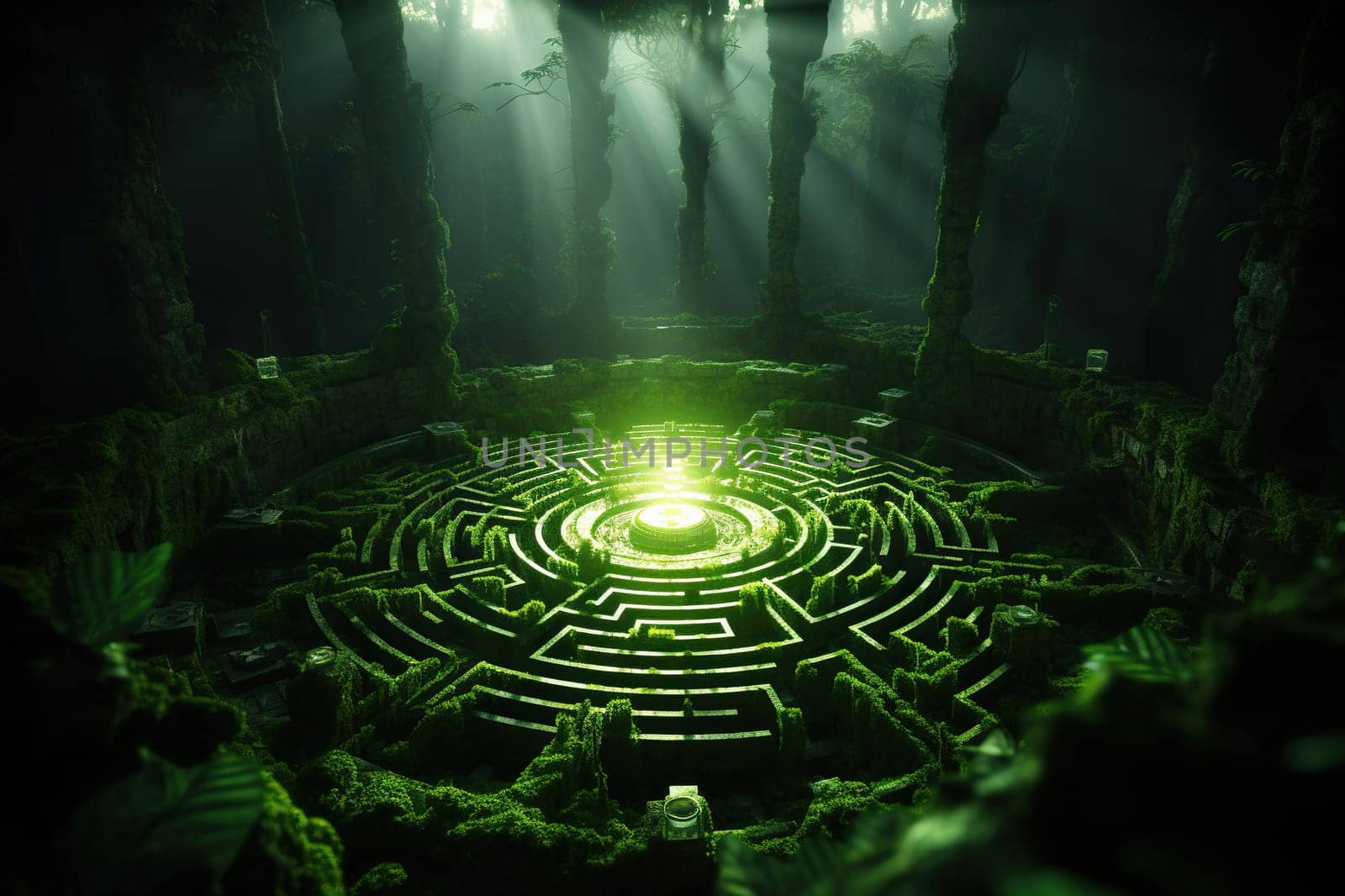 Green labyrinth with a light source in the center. Generative AI by Vovmar
