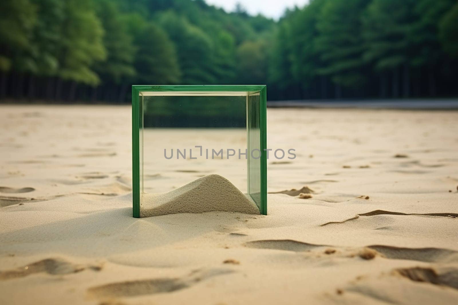Glass cube on the sand. Search for meaning. Generative AI by Vovmar