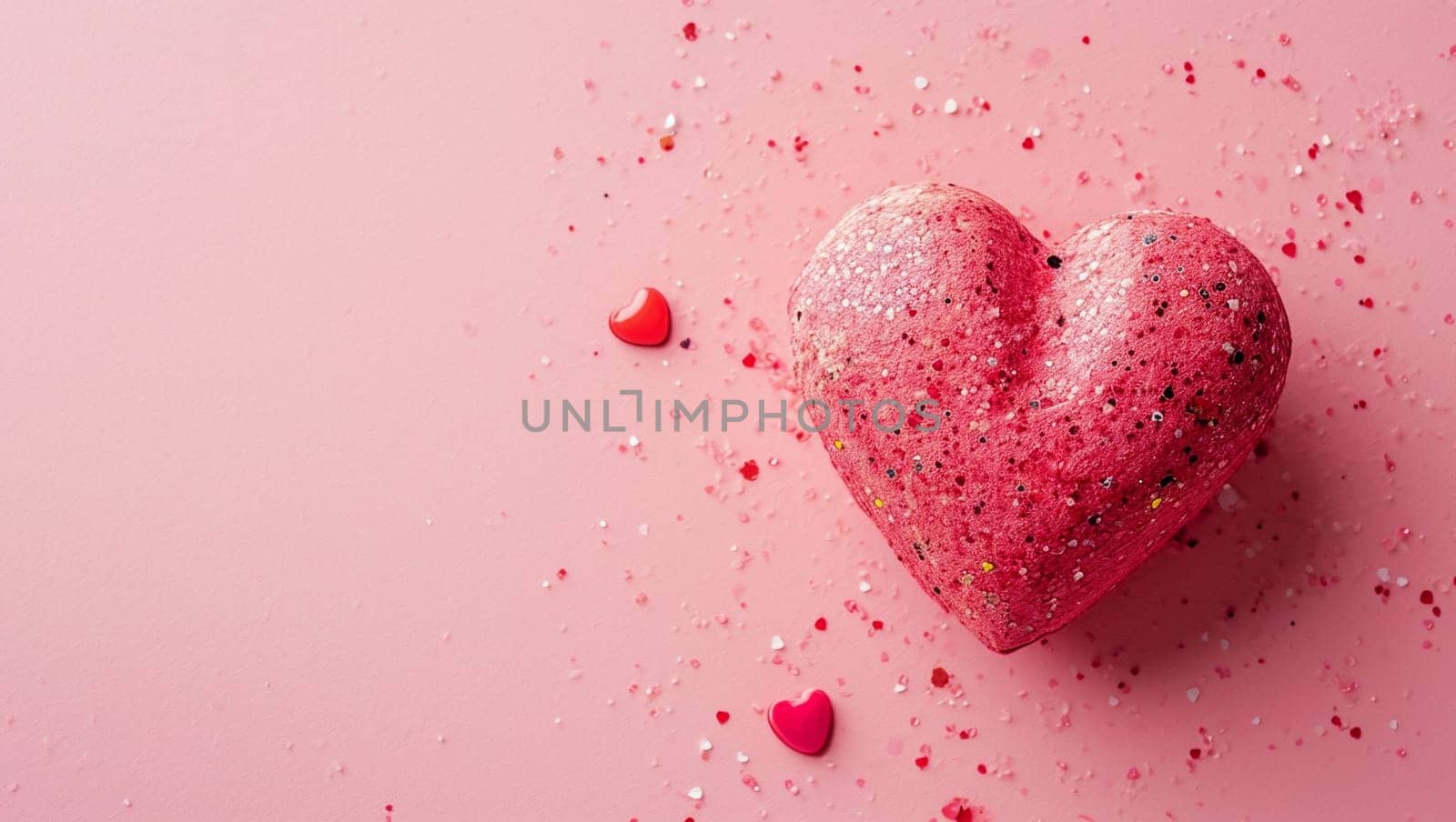 Red heart on pink background. One heart-shaped object is located to the side, there is space for text. by Sneznyj