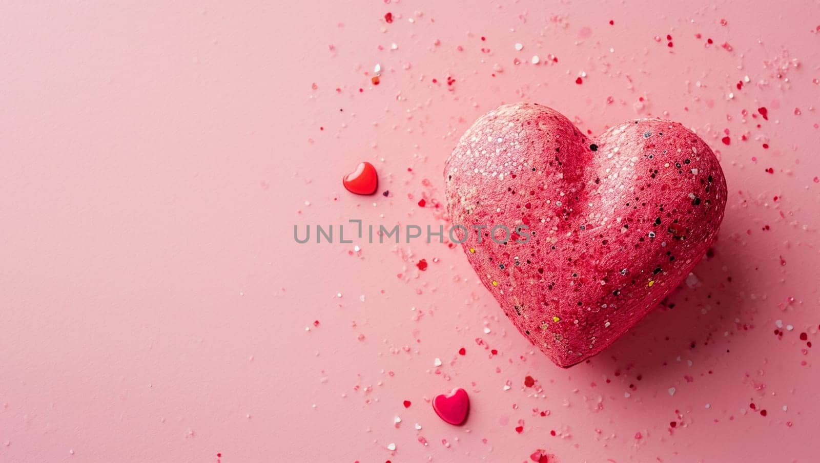 Red heart on pink background. One heart-shaped object is located to the side, there is space for text. High quality photo