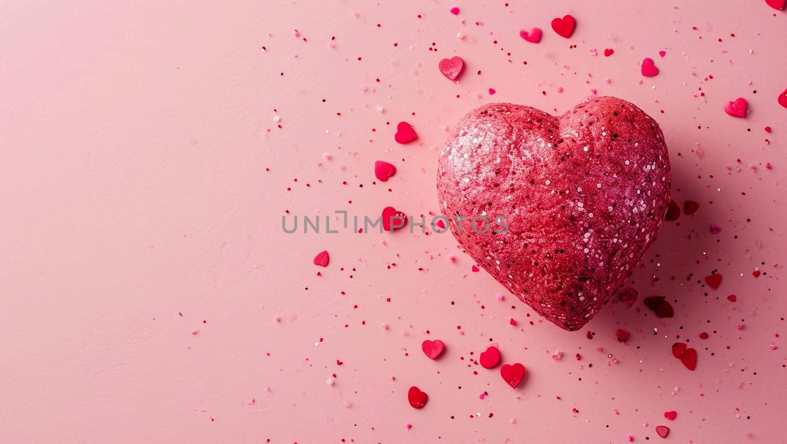 Red heart on pink background. One heart-shaped object is located to the side, there is space for text. High quality photo