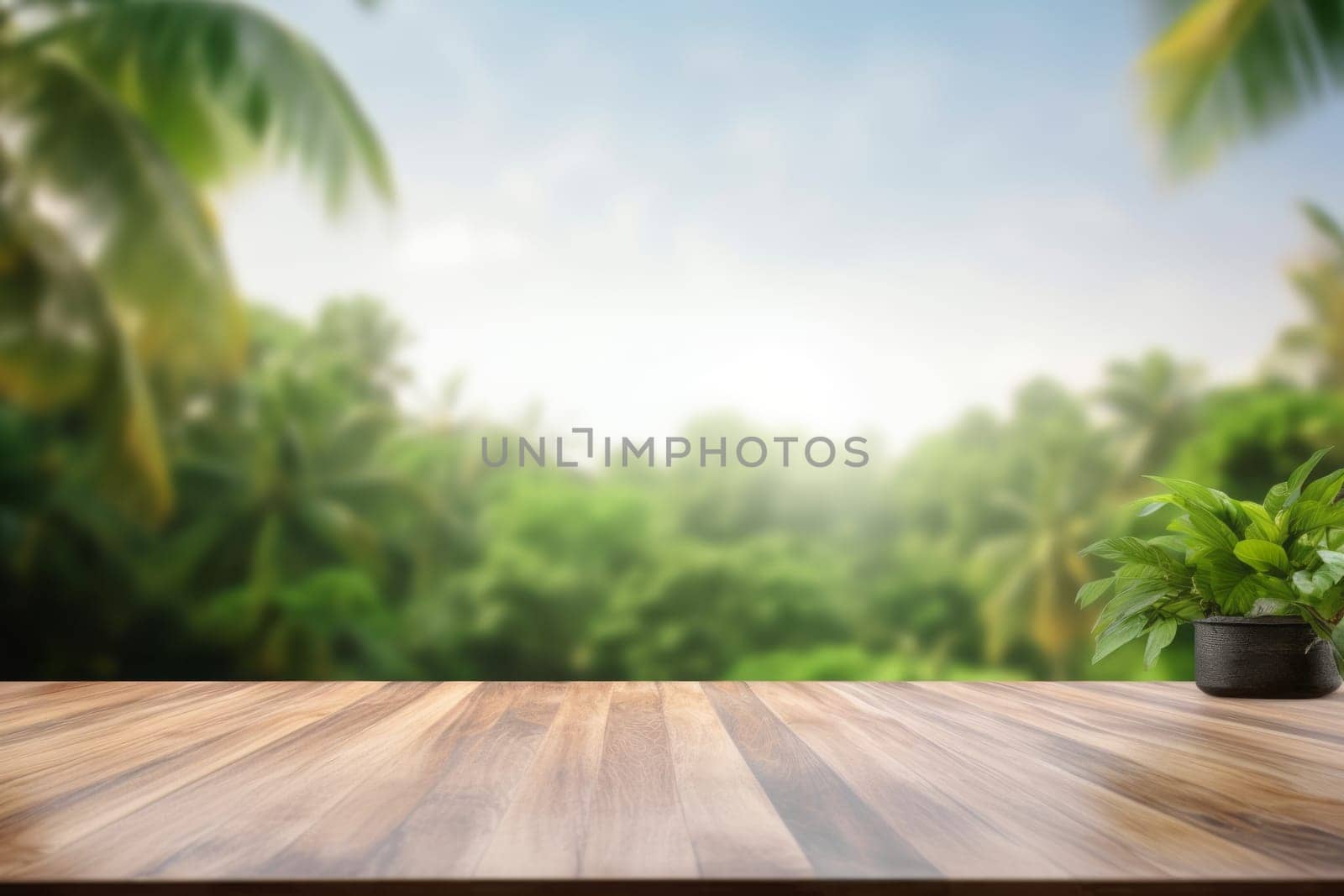 Wide wooden table top against the background of tropical trees and sky.