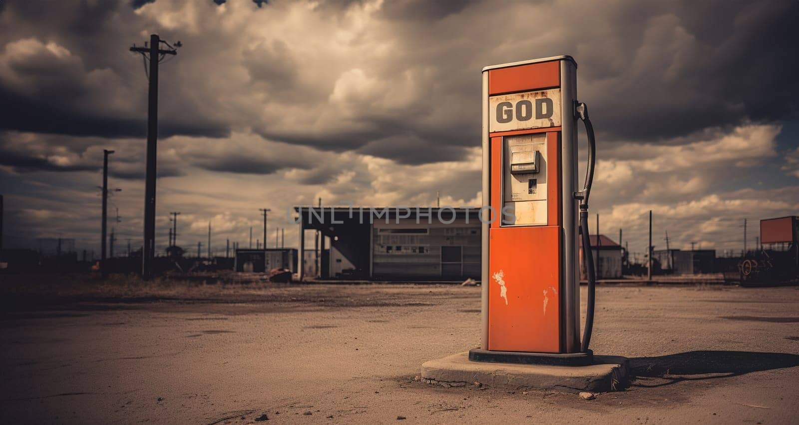 post-apocalyptic cityscape, abandoned gas station on a sunny day, conceptual inscription God on a gas machine, absence of people and cars, energy crisis, high quality photo