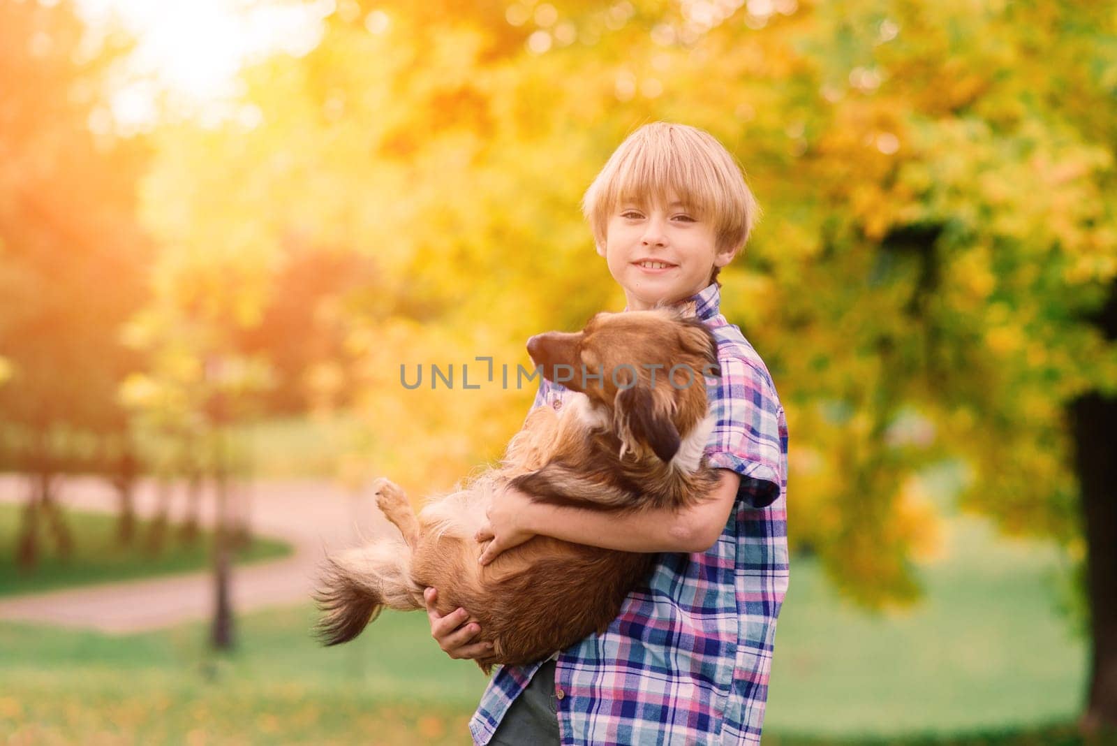 Cute boy playing and walking with his dog in the meadow.