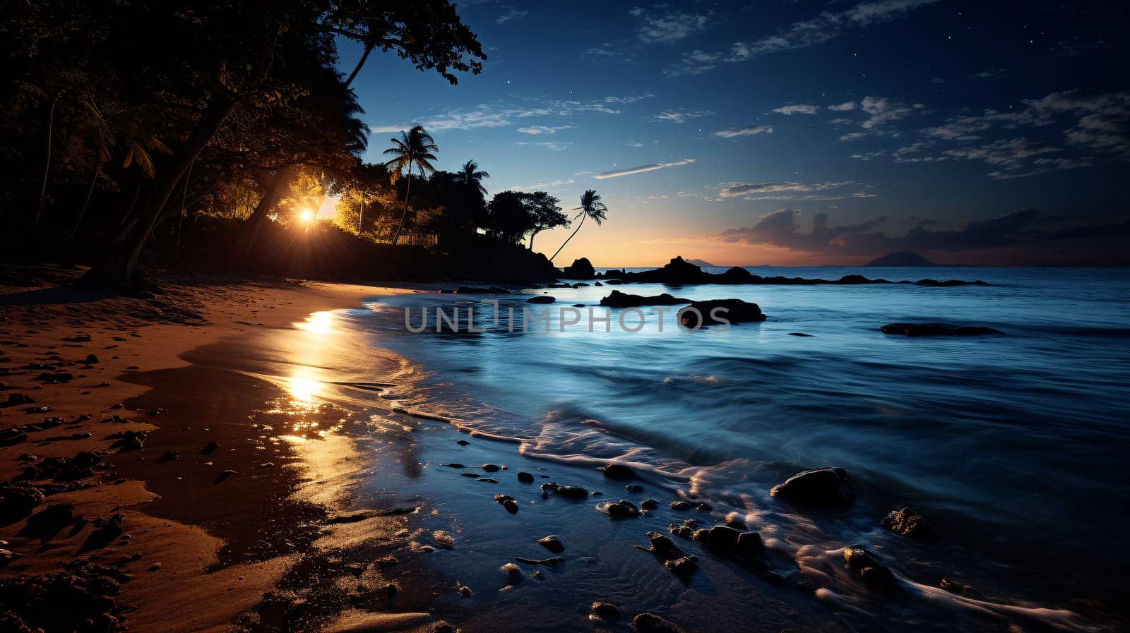 A serene tropical beach scene at dusk, with the last rays of sun shining through palm trees and a starry sky above gentle ocean waves