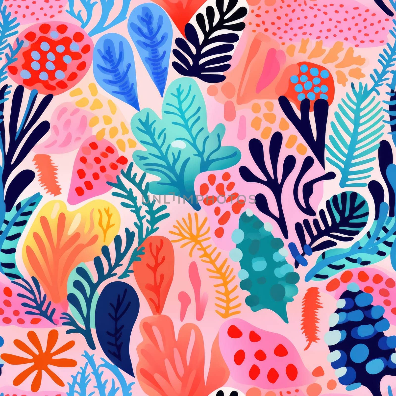 seamless colorful fun pattern of coral and leaves, ai