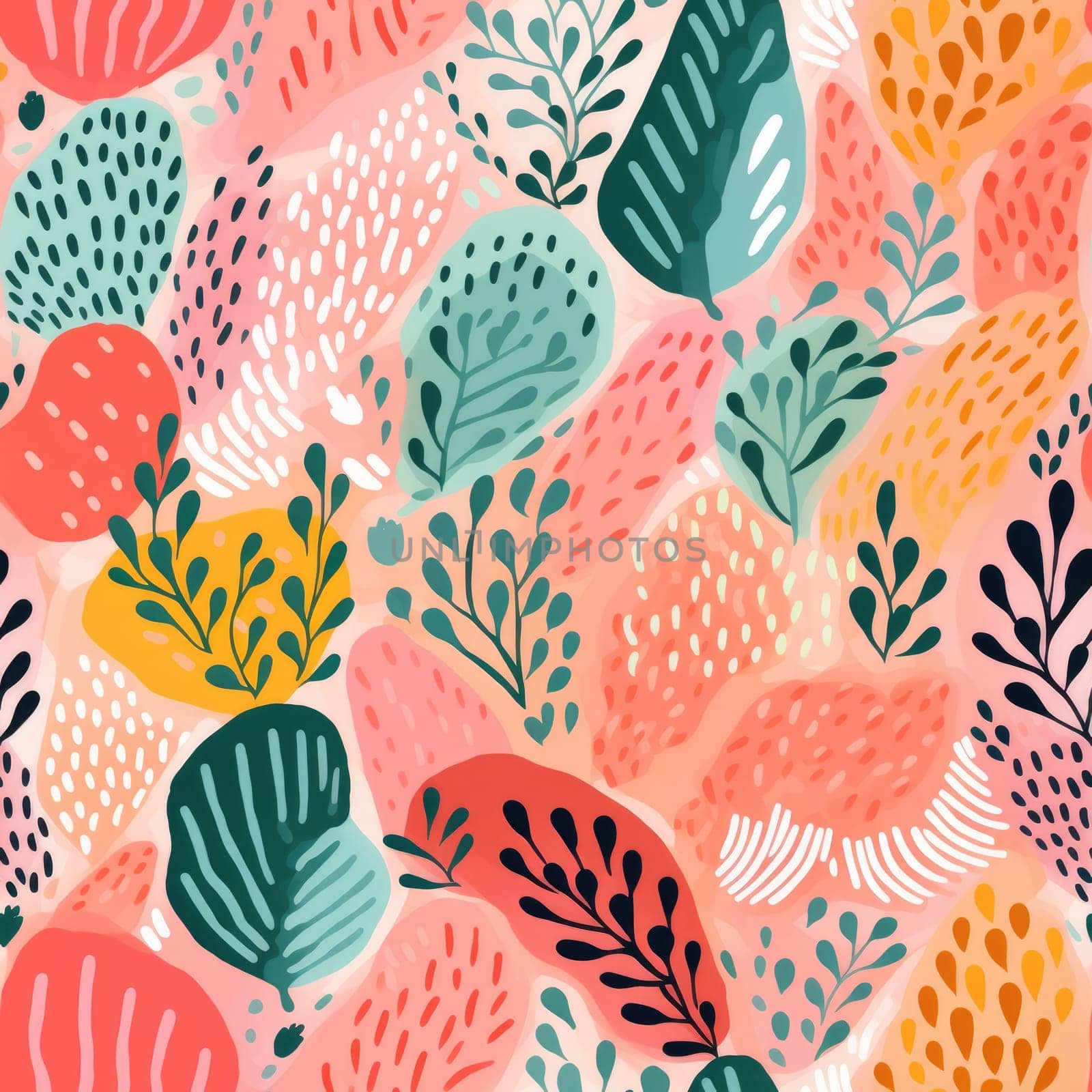 seamless colorful fun pattern of coral and leaves, ai