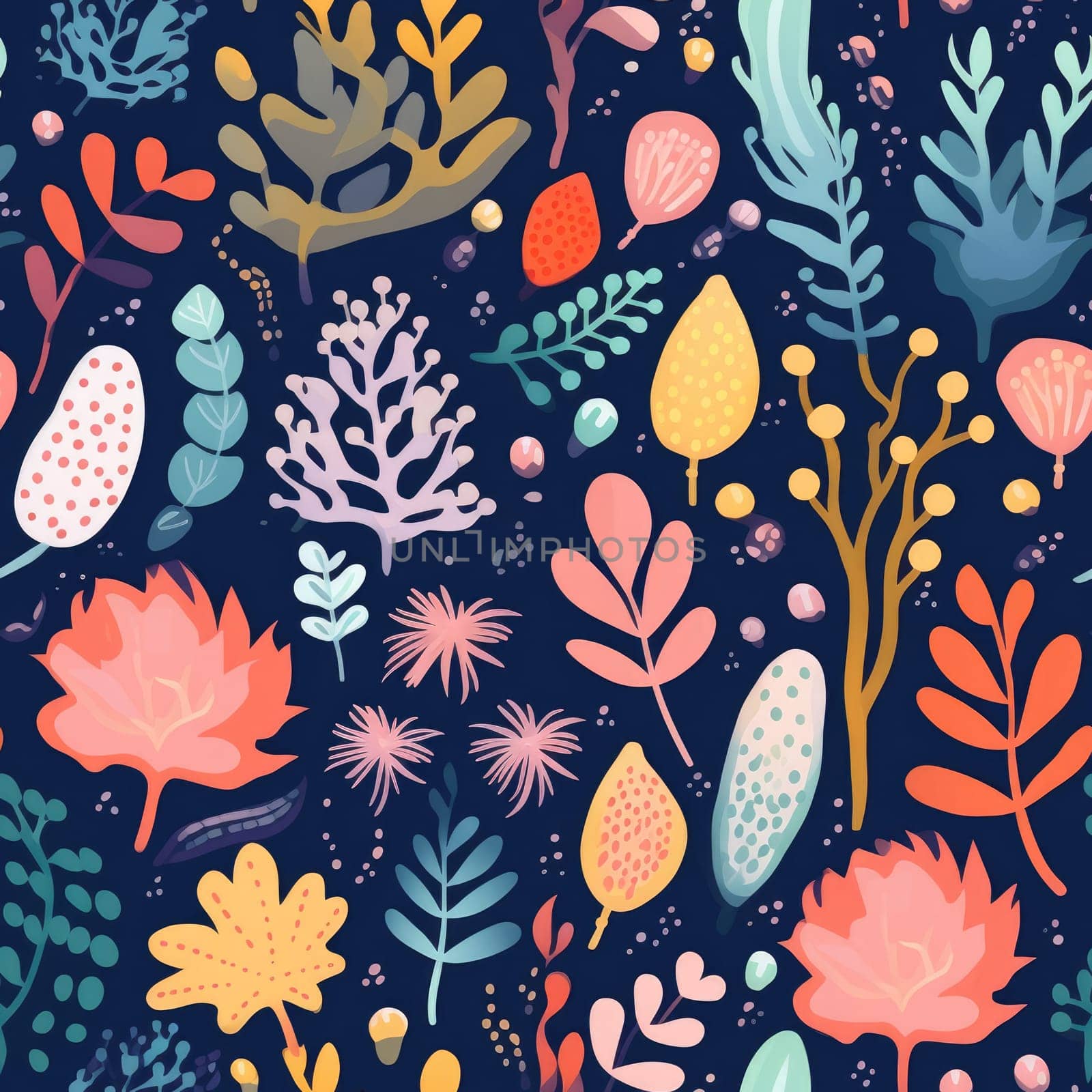 seamless colorful fun pattern of coral and leaves, ai