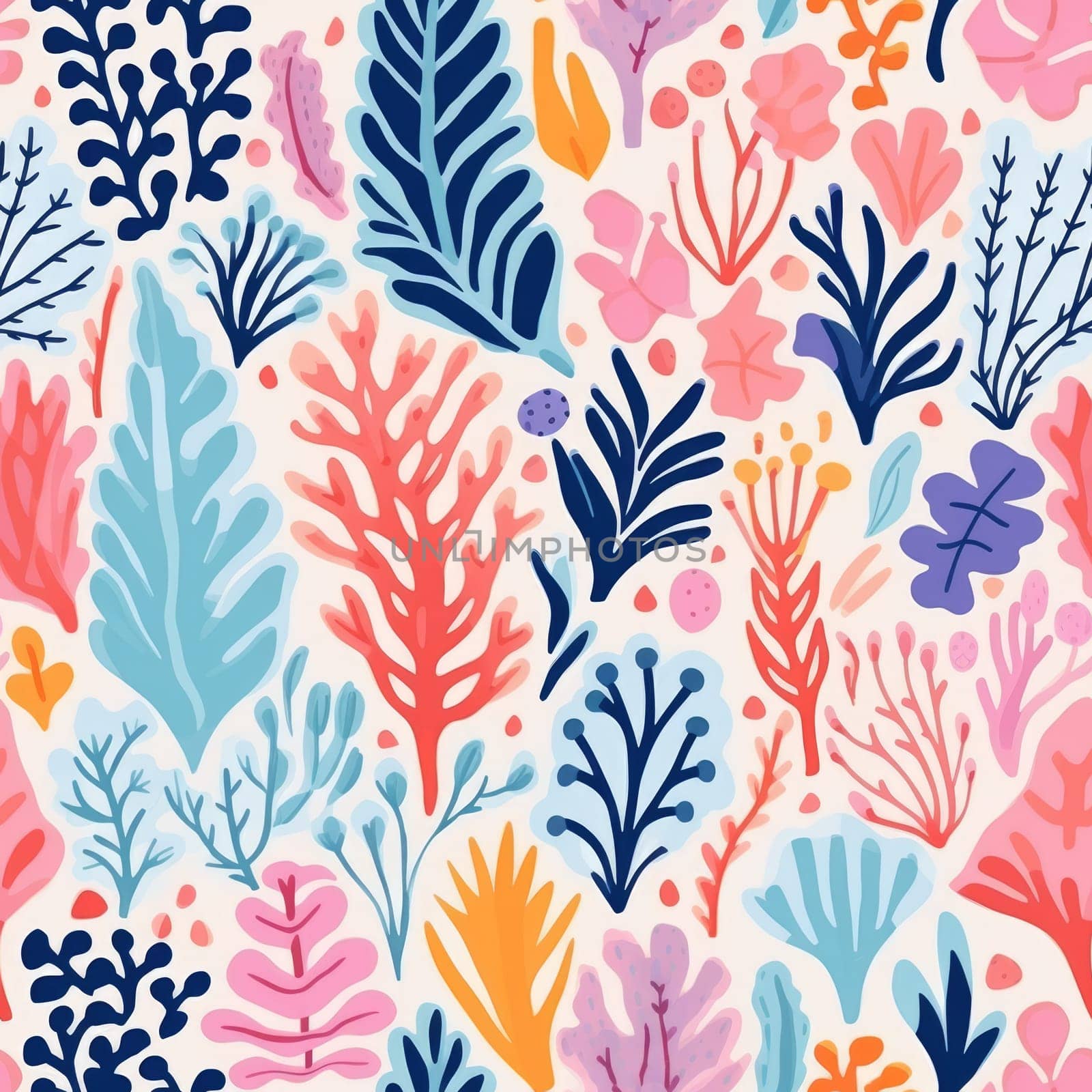 seamless colorful fun pattern of coral and leaves, ai