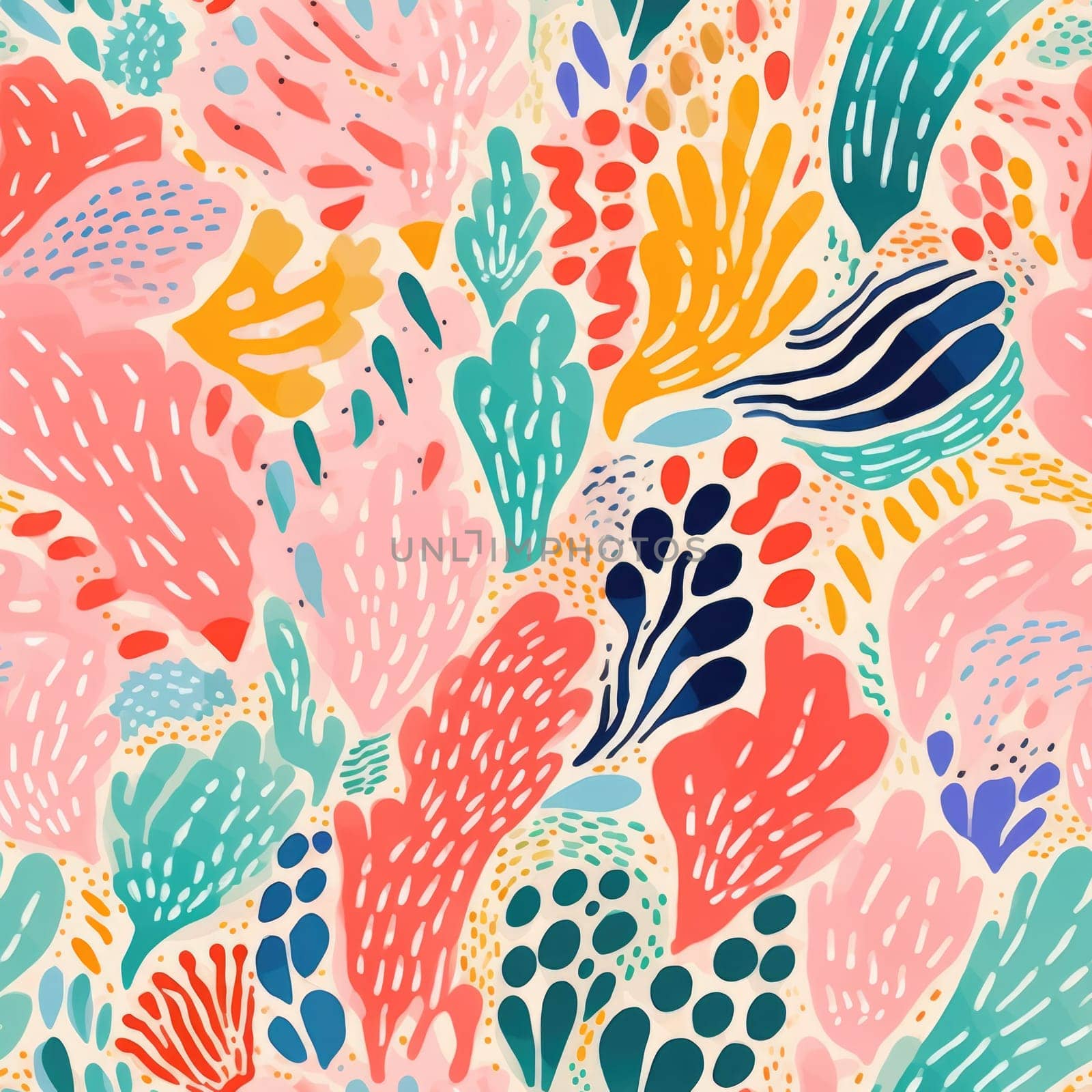 seamless colorful fun pattern of coral and leaves, ai