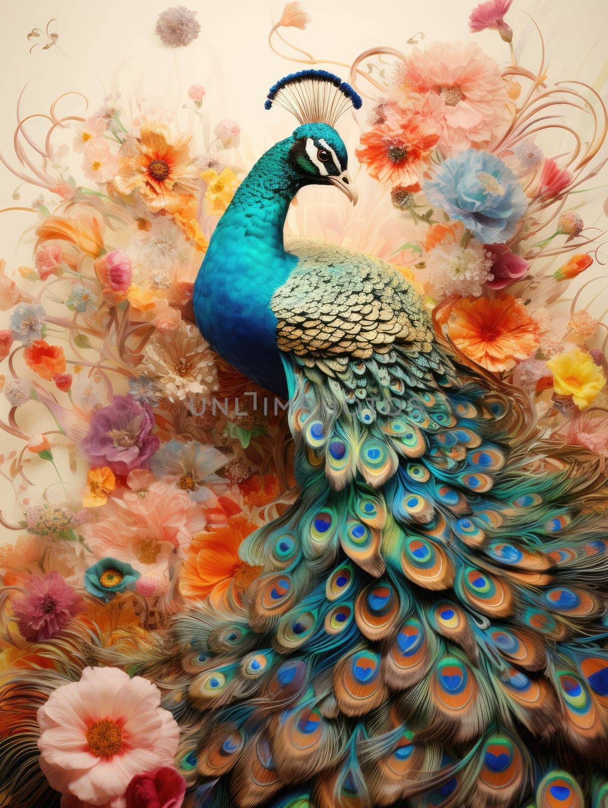A beautiful colourful peacock among the flowers in the garden
