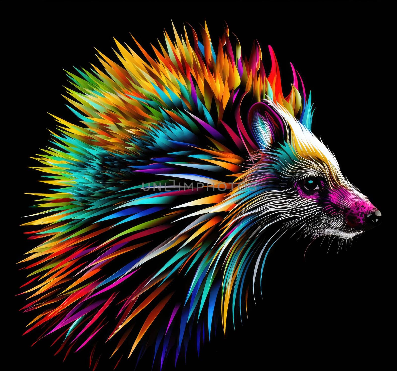 Porcupine in bright psychedelic pop art style isolated on black background. Template for t-shirt print, poster, sticker, etc.