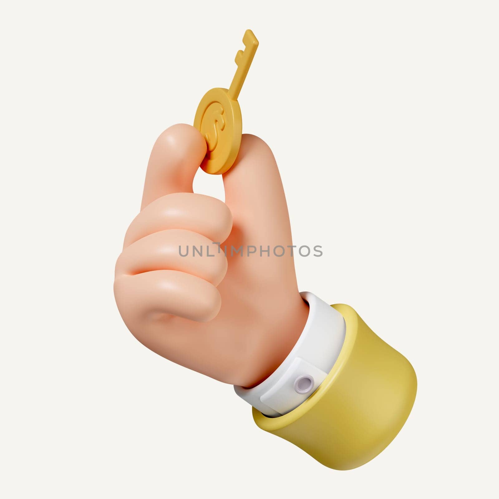 3d hand hold gold dollar key. Strategic concepts in investment economy and financial business. icon isolated on white background. 3d rendering illustration. Clipping path..