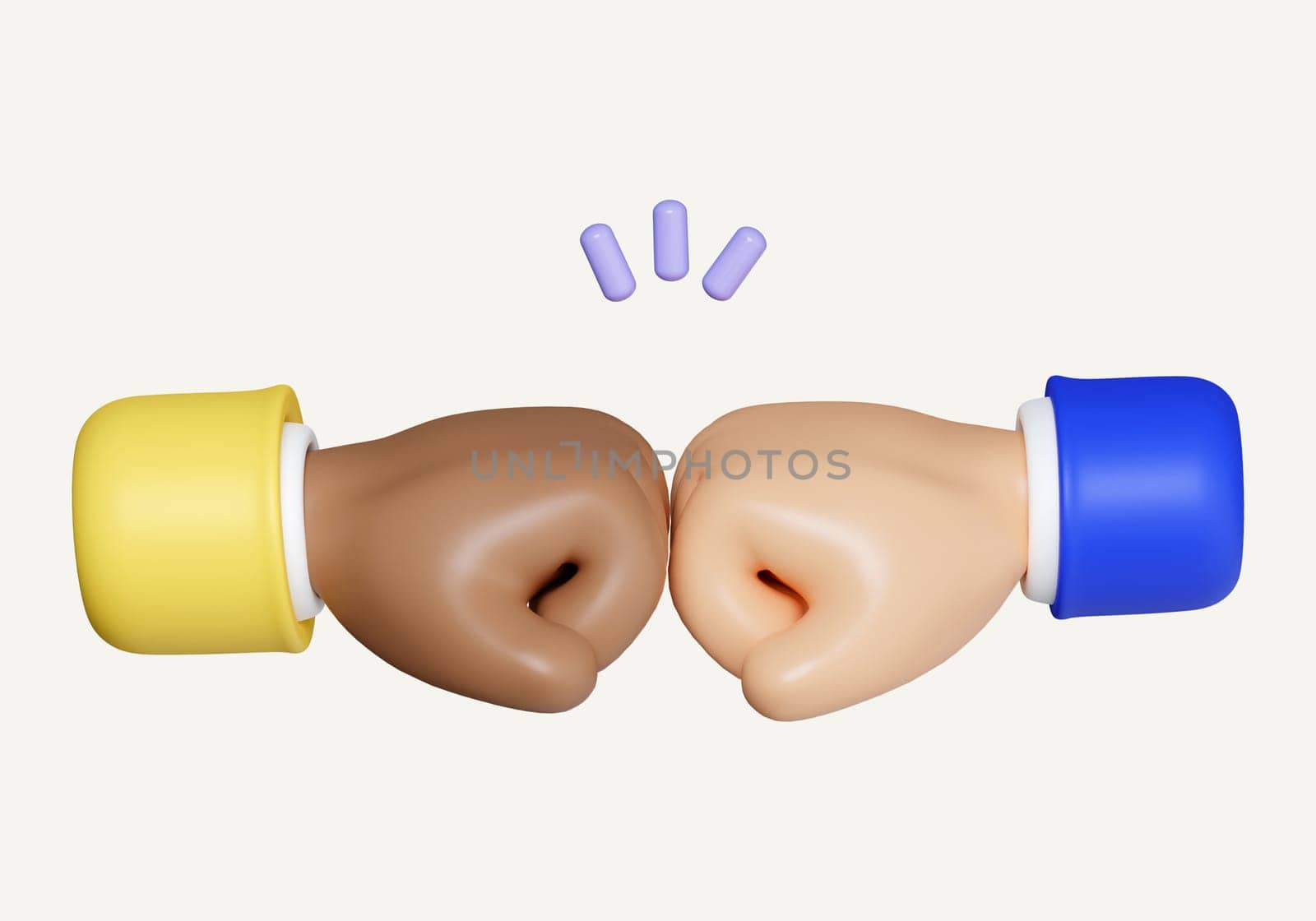 3d Two hands fists punching each other. hands fist gesture. Business icon. Strength or protest. Fight for you rights. icon isolated on white background. 3d rendering illustration. Clipping path..