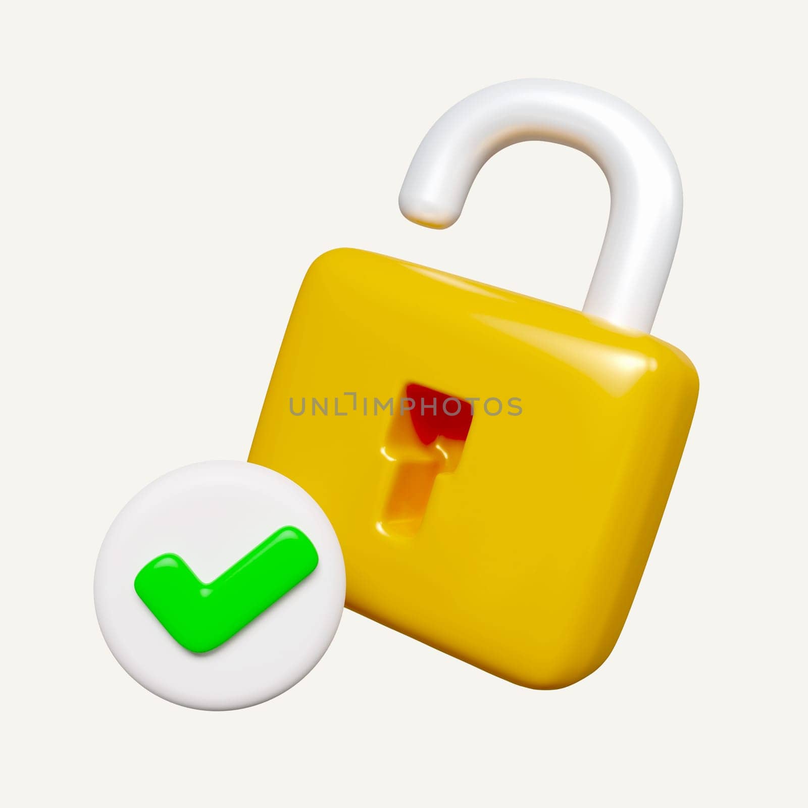 3d Yellow unlocked padlock icon with green check symbol. Security concept. icon isolated on white background. 3d rendering illustration. Clipping path..