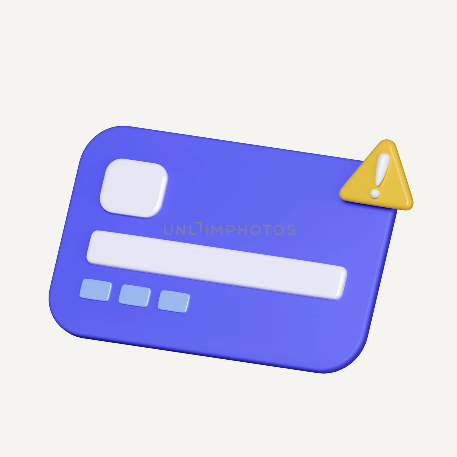 3D Credit card with exclamation mark floating. The concept of warning about financial danger. icon isolated on white background. 3d rendering illustration. Clipping path.