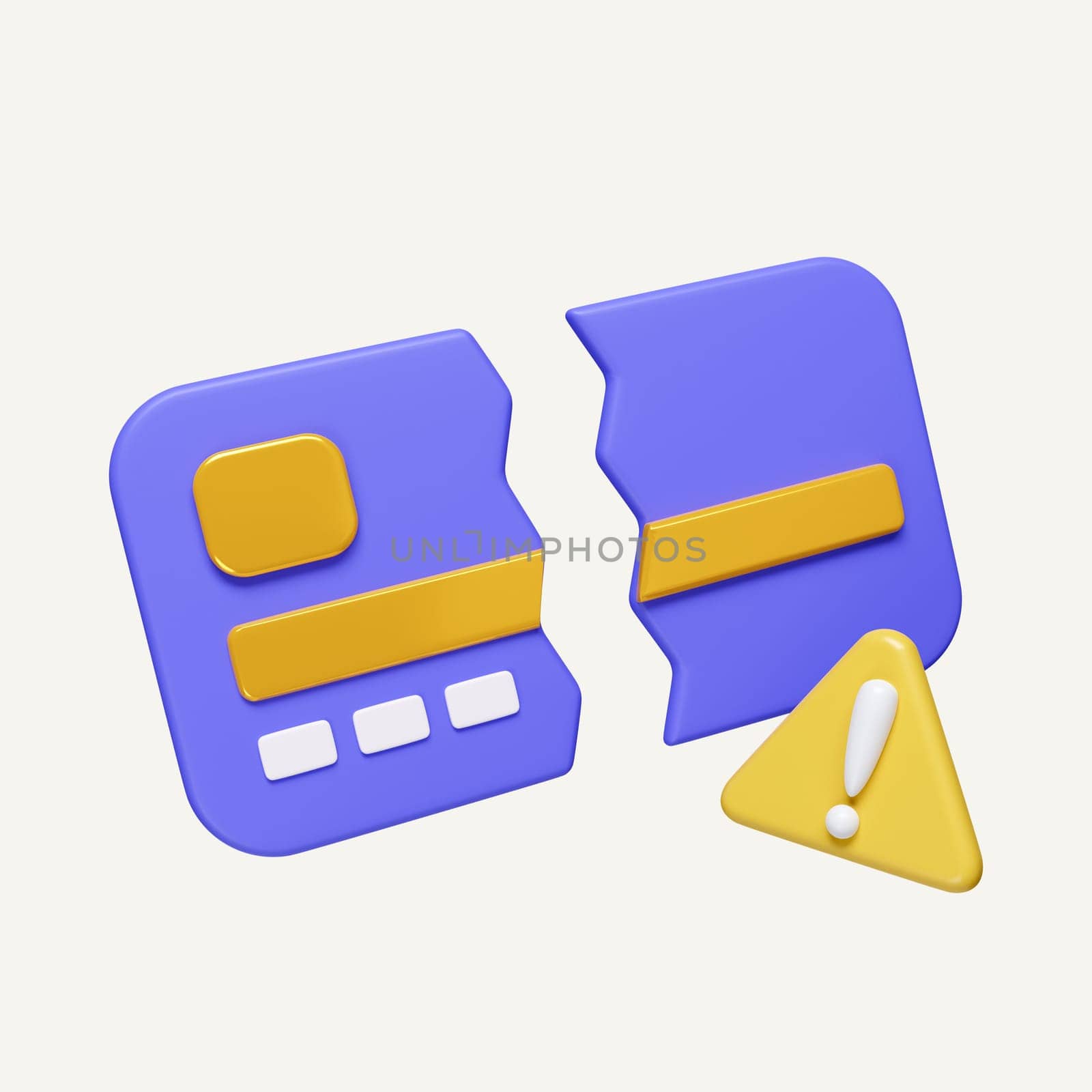 3d Broken credit card payment error. Credit card problem. Credit card decline. credit card unavailable. icon isolated on white background. 3d rendering illustration. Clipping path..