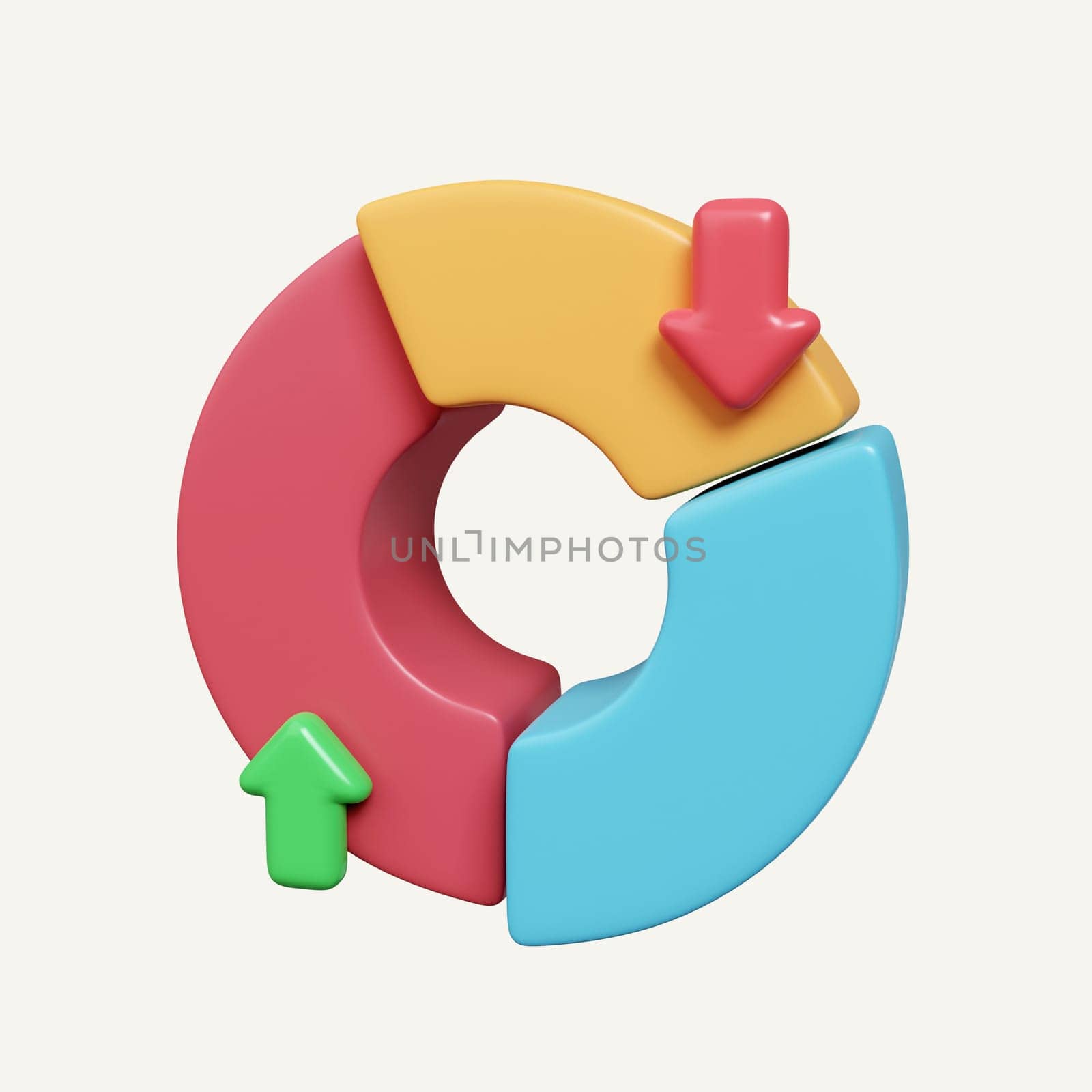 3D Pie chart with arrow. graphs. colorful stock market icons. Concept of financial data and statistics. icon isolated on white background. 3d rendering illustration. Clipping path..