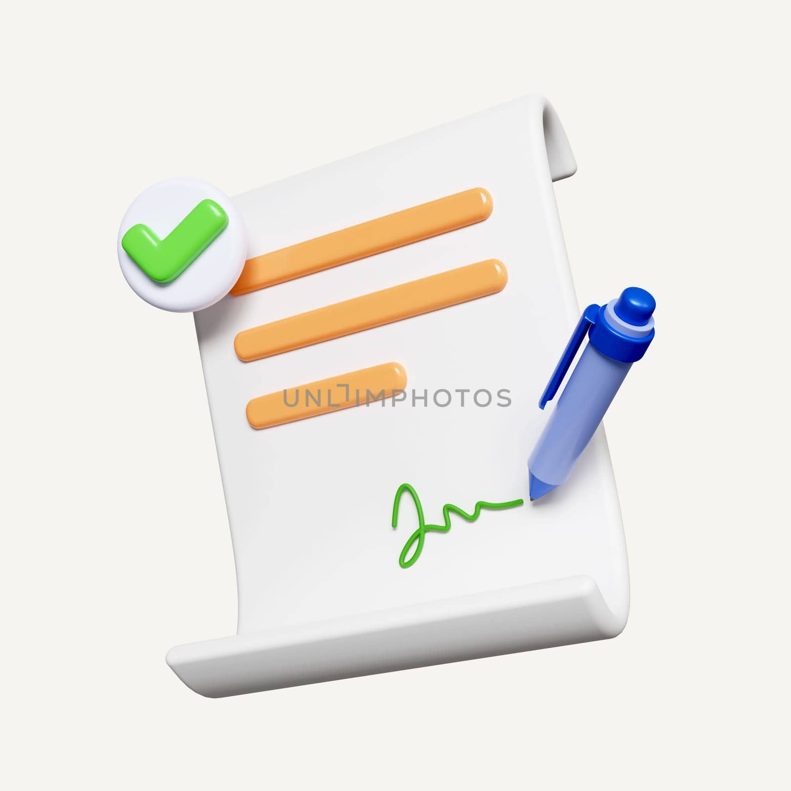 3d Business agreement. contract or document with signature. Hands hold clipboard with official paper and sign it with pen. icon isolated on white background. 3d rendering illustration. Clipping path..