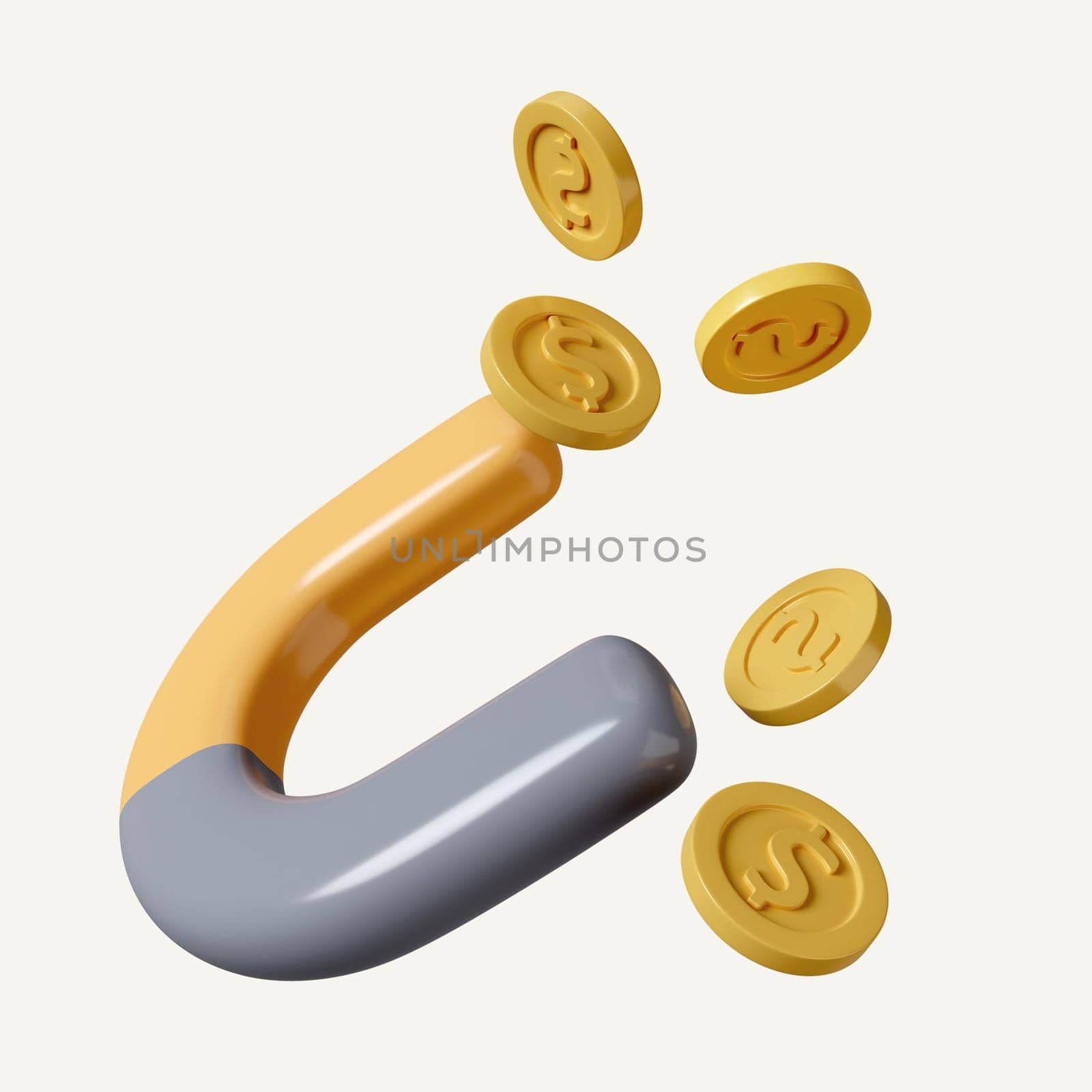 3d magnet attracts money. coins fly according to gravity. passive income. in excess of profit. icon isolated on white background. 3d rendering illustration. Clipping path..