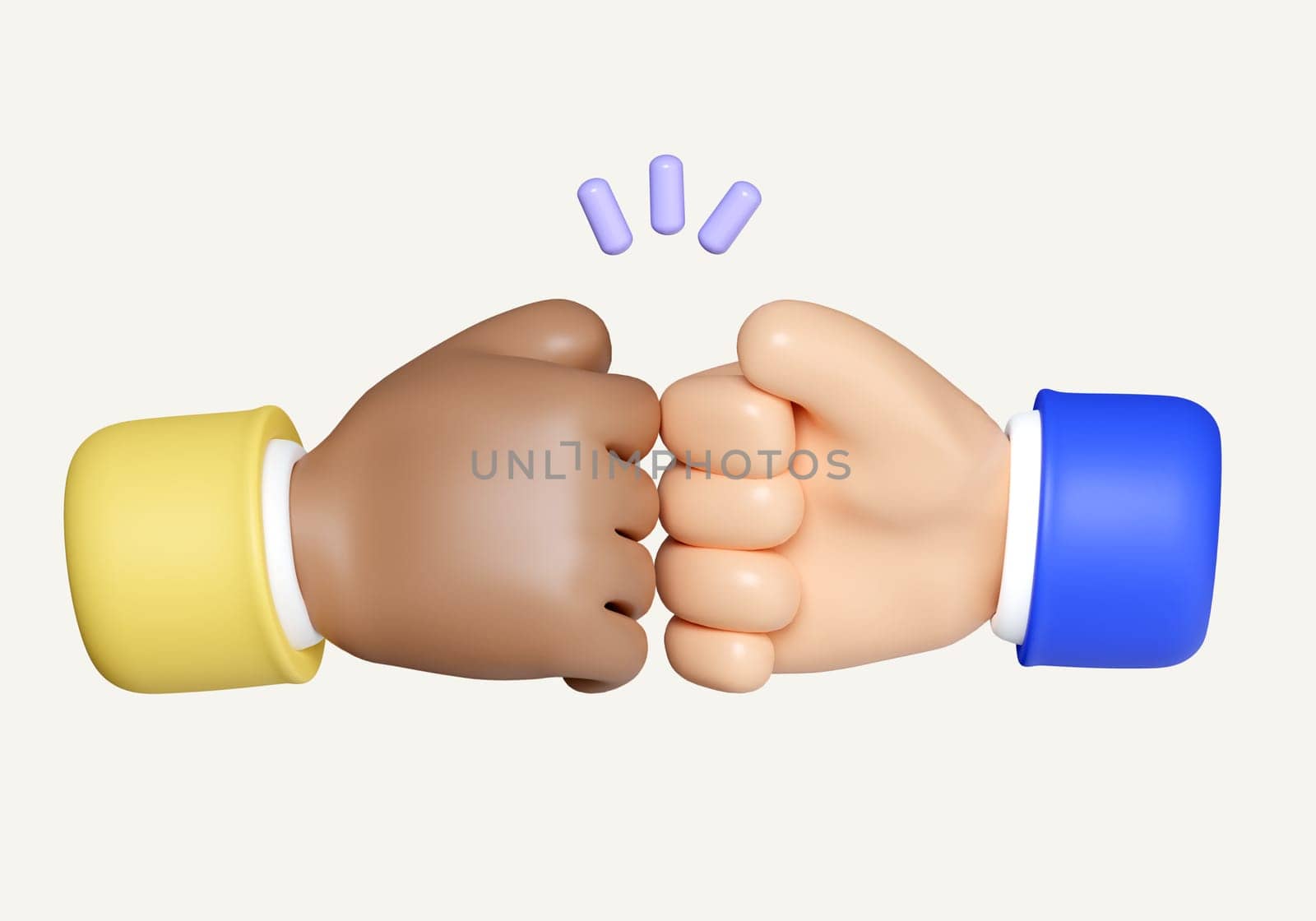 3d Two hands fists punching each other. hands fist gesture. Business icon. Strength or protest. Fight for you rights. icon isolated on white background. 3d rendering illustration. Clipping path..
