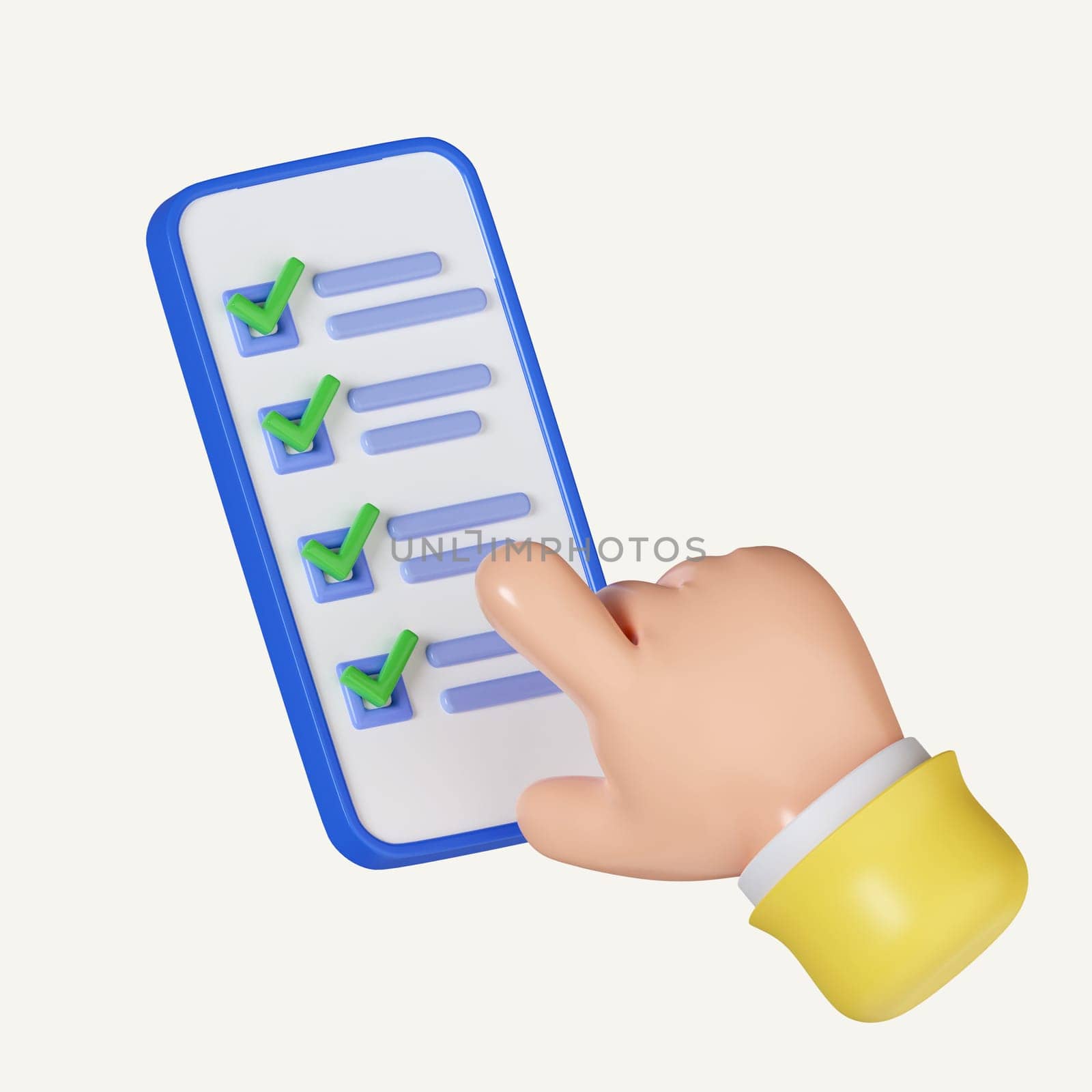 3d hands with finger fill online survey or test form on screen. phone and forefinger touching check box buttons. icon isolated on white background. 3d rendering illustration. Clipping path..