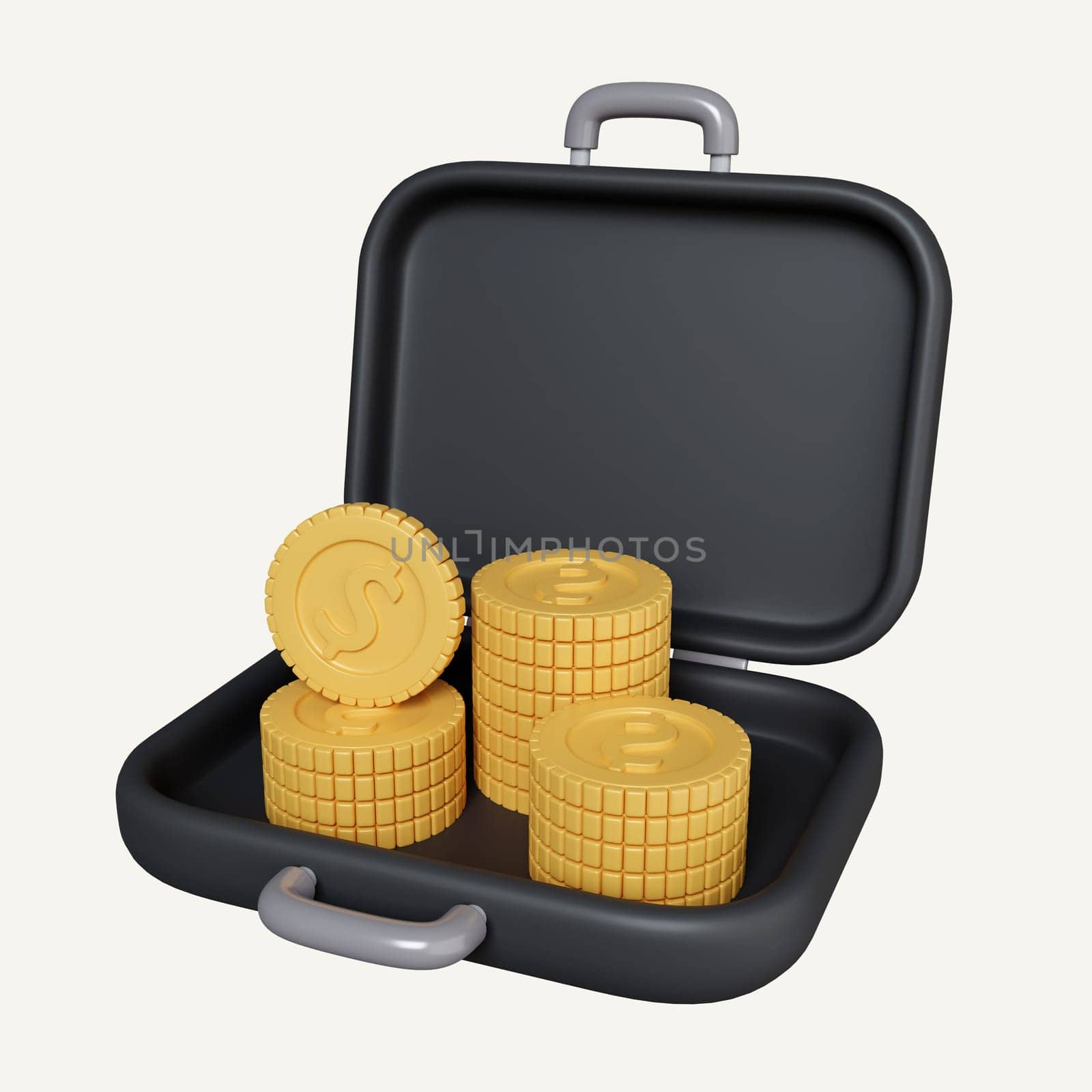 3d gold coins in black briefcase. investing finance business concept. icon isolated on white background. 3d rendering illustration. Clipping path.