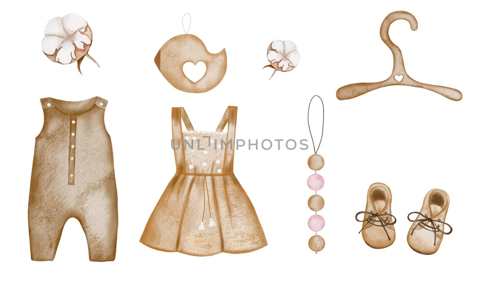 Watercolor set of cute baby items in boho style. Dress and jumpsuit and boots, wooden rattles, cotton flowers, a wooden bird and a hanger. Drawings on a white background isolate for the design of cards, banners and invitations for baby shower and the birth of a child. High quality photo