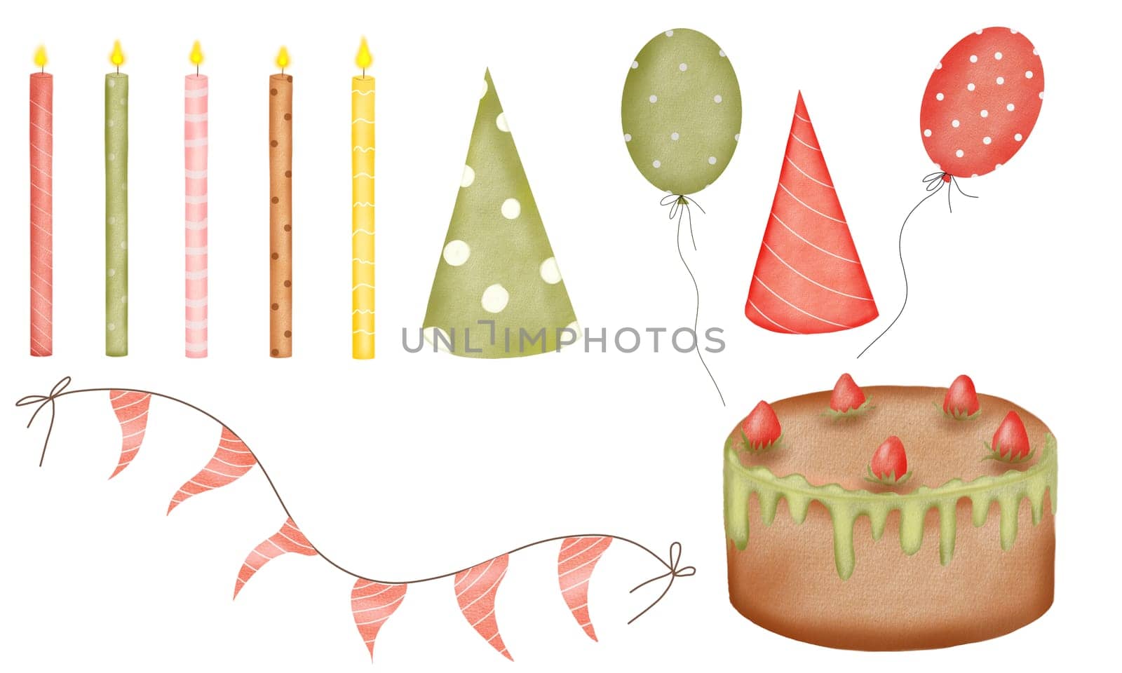 Watercolor set for birthdays and holidays isolate on a white background. Hats and candles, garlands of flags and balloons, and a cake with strawberries. For the design of banners and greeting cards. High quality photo