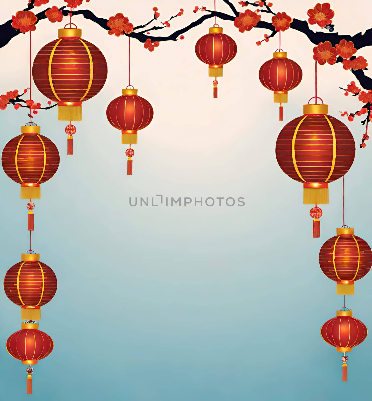 Greeting card with paper lanterns and flowers.Chinese new year  background.Happy Chinese New Year