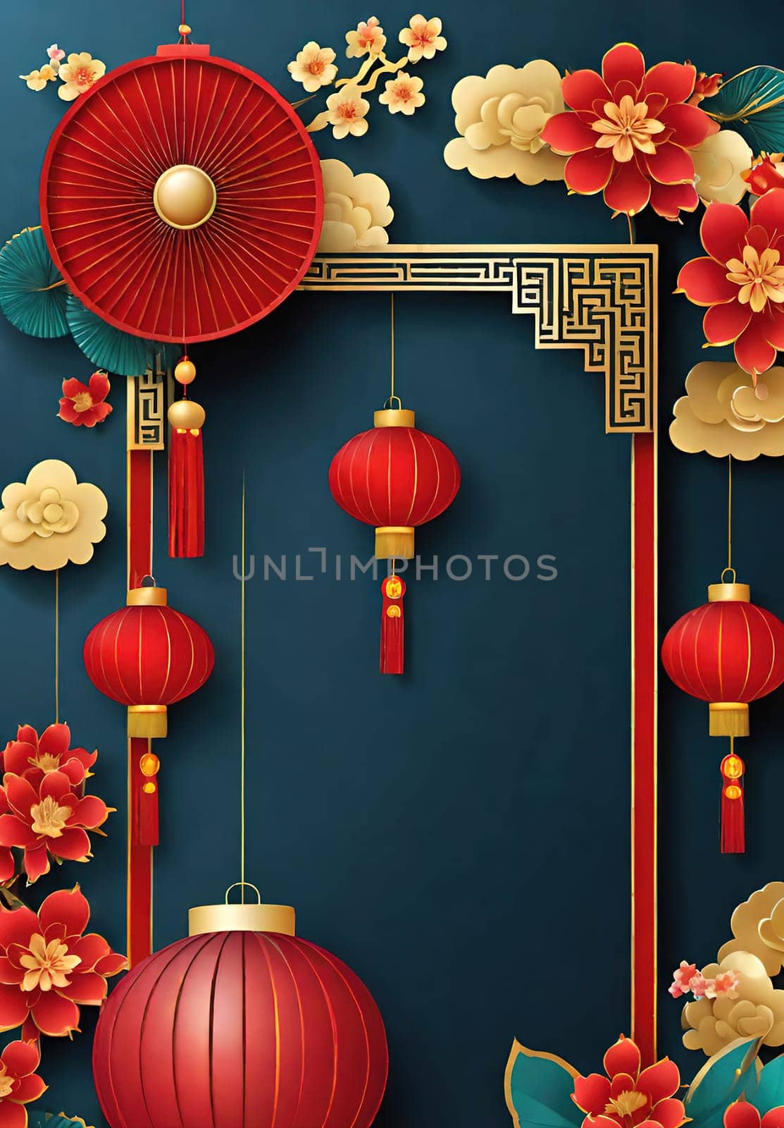 Greeting card with paper lanterns and flowers.Chinese new year  background.Happy Chinese New Year