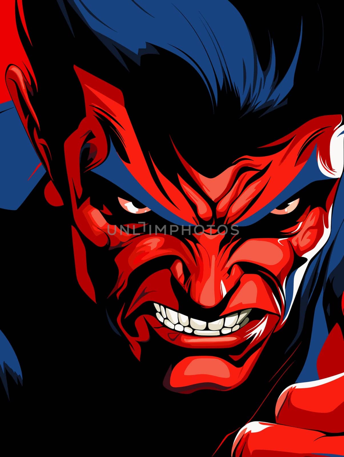 Portrait of a man in the character of the devil in red and blue colours in vector art style