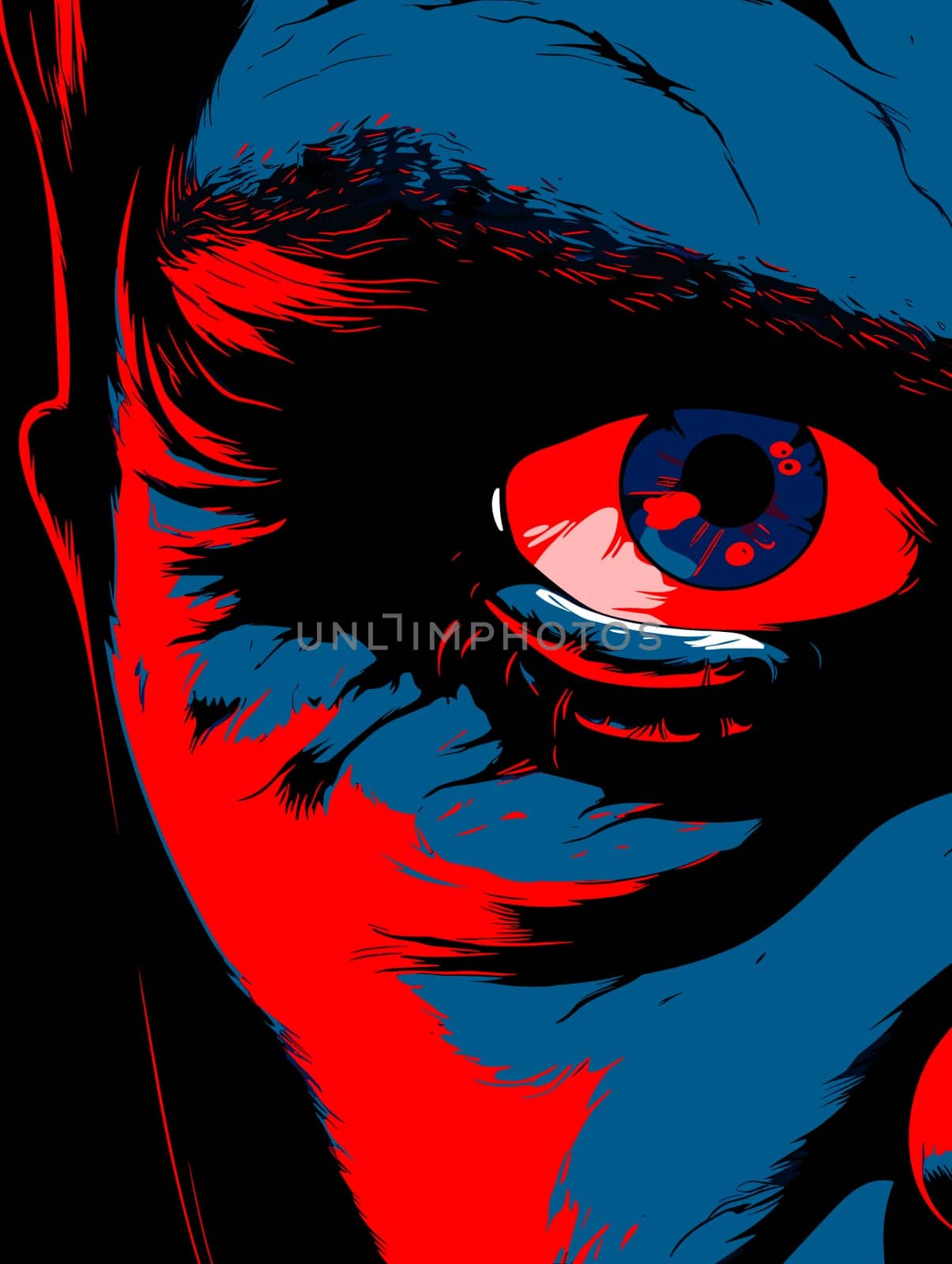 Portrait of a man in the character of the devil in red and blue colours in vector art style