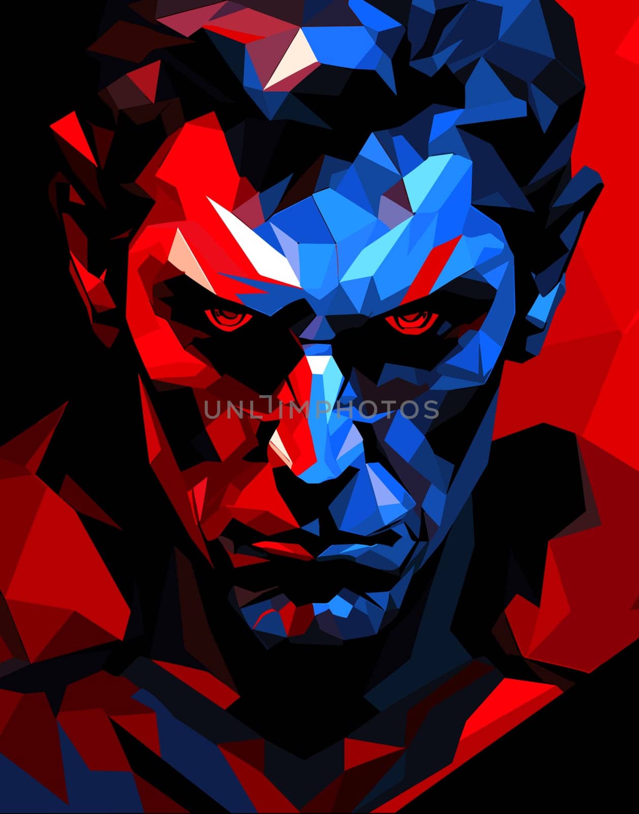 Portrait of a man in the character of the devil in red and blue colours in vector art style