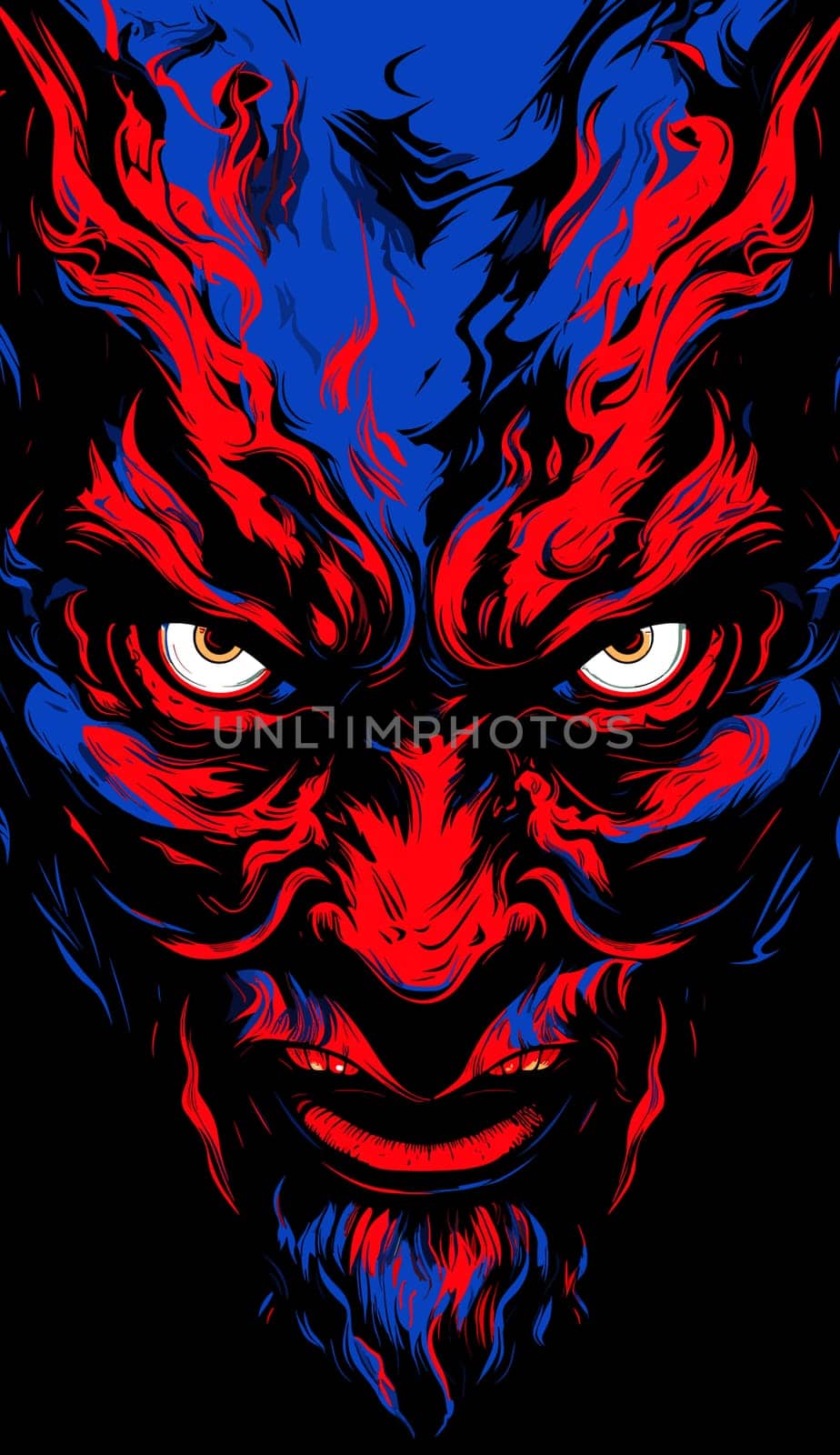 Portrait of a man in the character of the devil in red and blue colours in vector art style