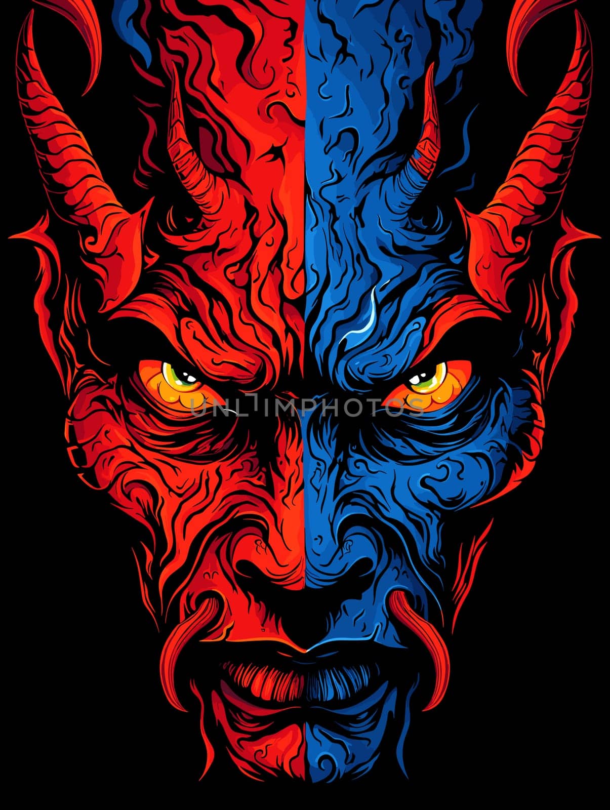 Portrait of a man in the character of the devil in red and blue colours in vector art style