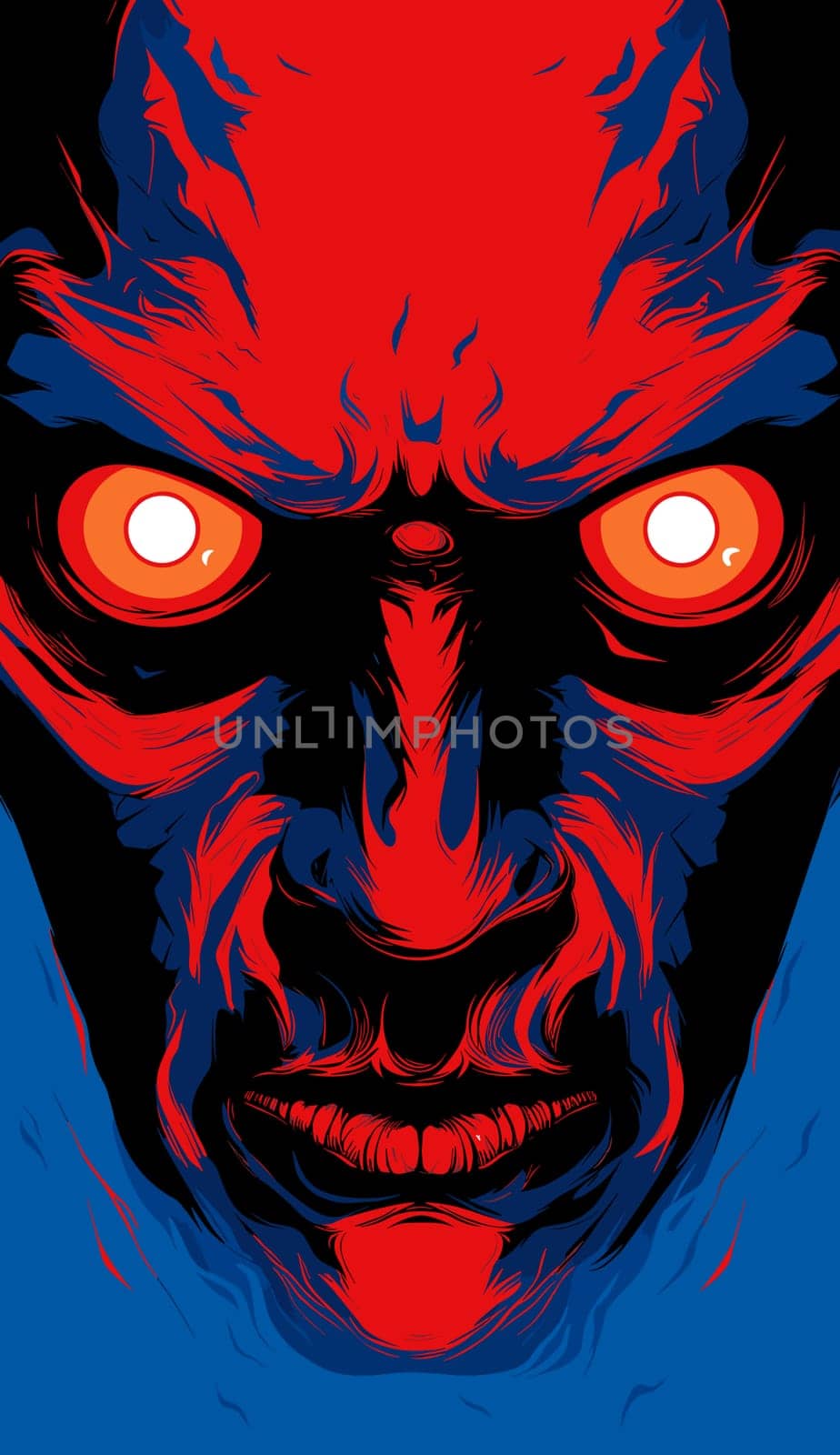 Portrait of a man in the character of the devil in red and blue colours in vector art style