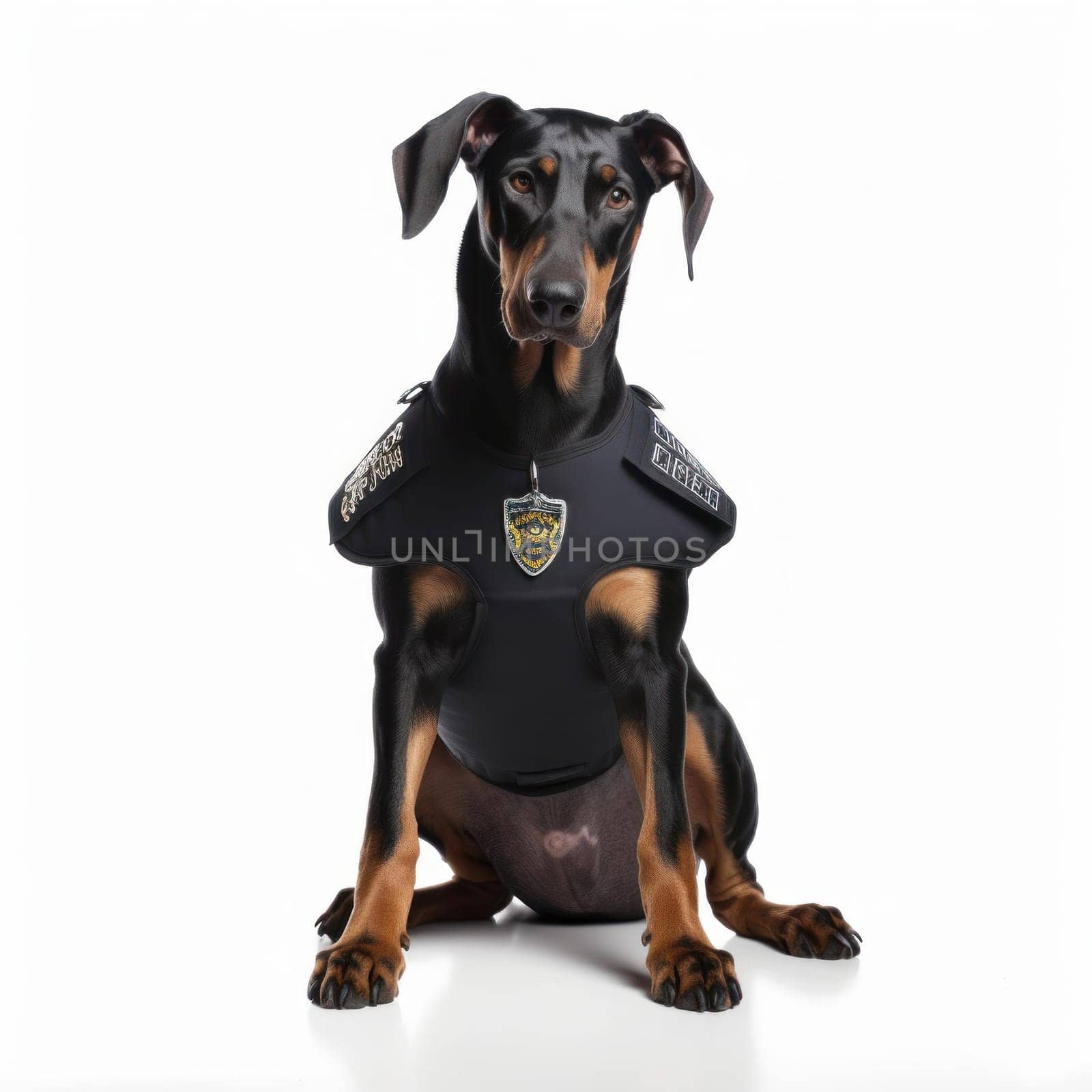 Dog guard on a white background. Security agency. Dog training.