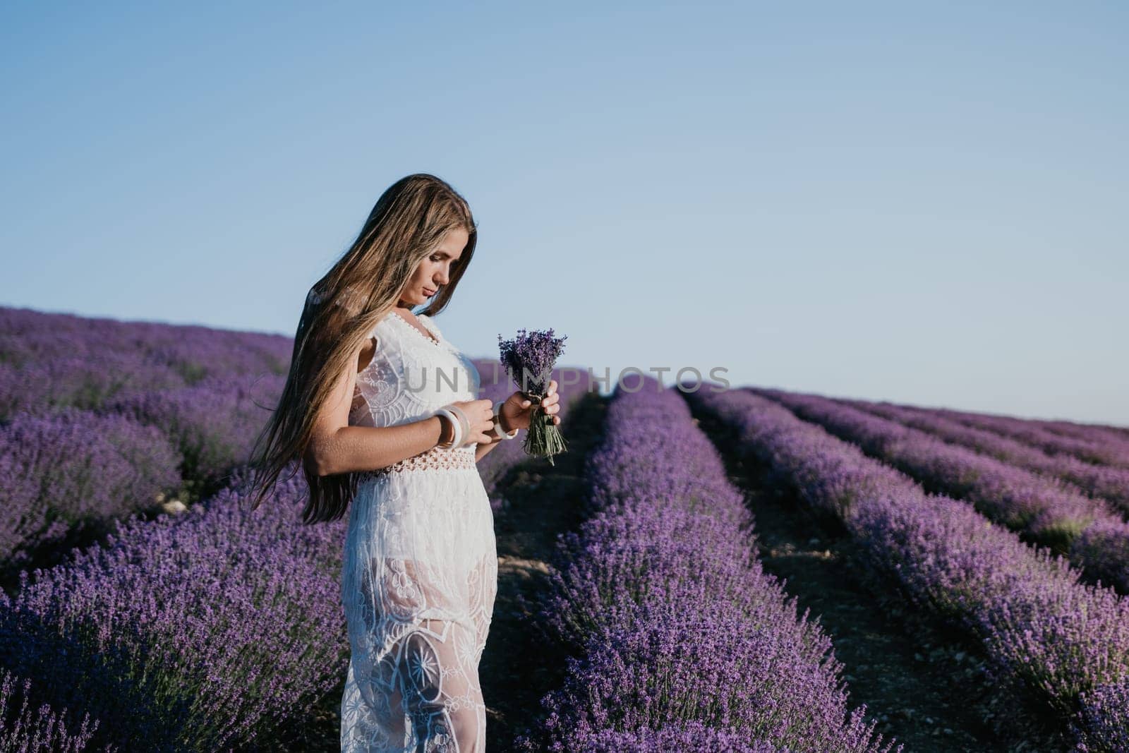 Woman lavender field. Happy carefree woman in a white dress walking in a lavender field and smelling a lavender bouquet on sunset. Ideal for warm and inspirational concepts in wanderlust and travel. by panophotograph