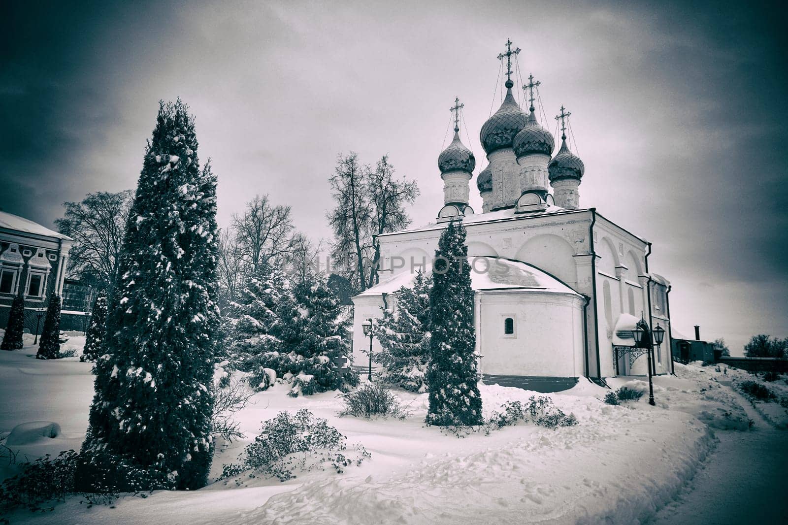 Winter Park and Russian Orthodox Church. Vintage film camera effect added by DAndreev