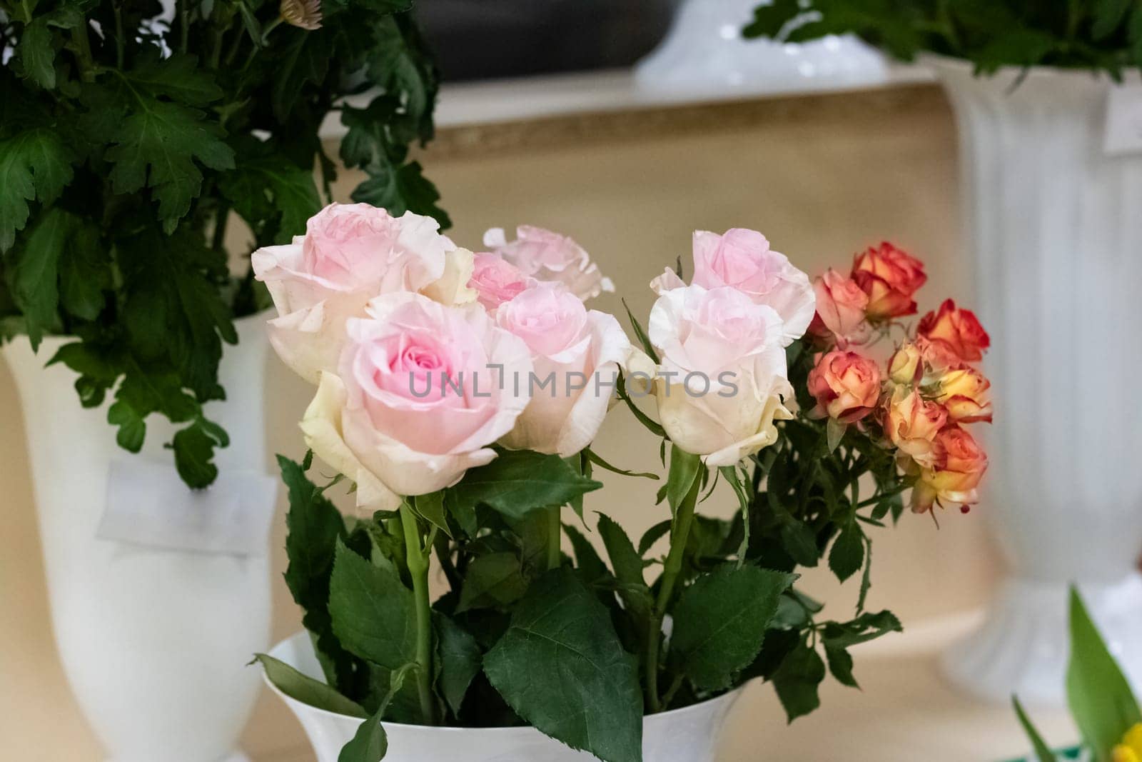 Bouquet of pink roses close up with copy space, beautiful flowers